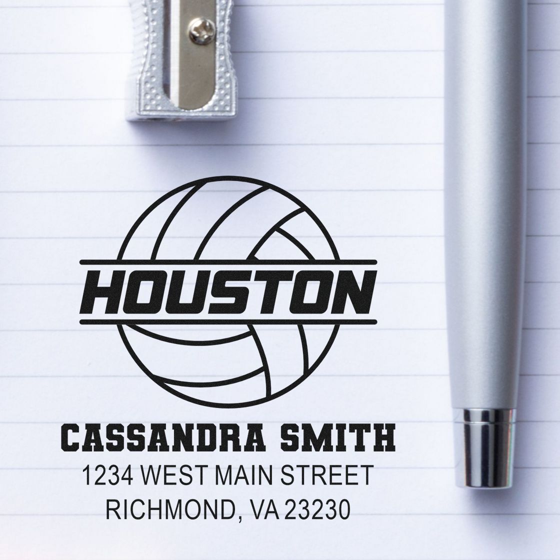 Custom Houston rubber stamp with Cassandra Smith name and return address for mailing and branding.