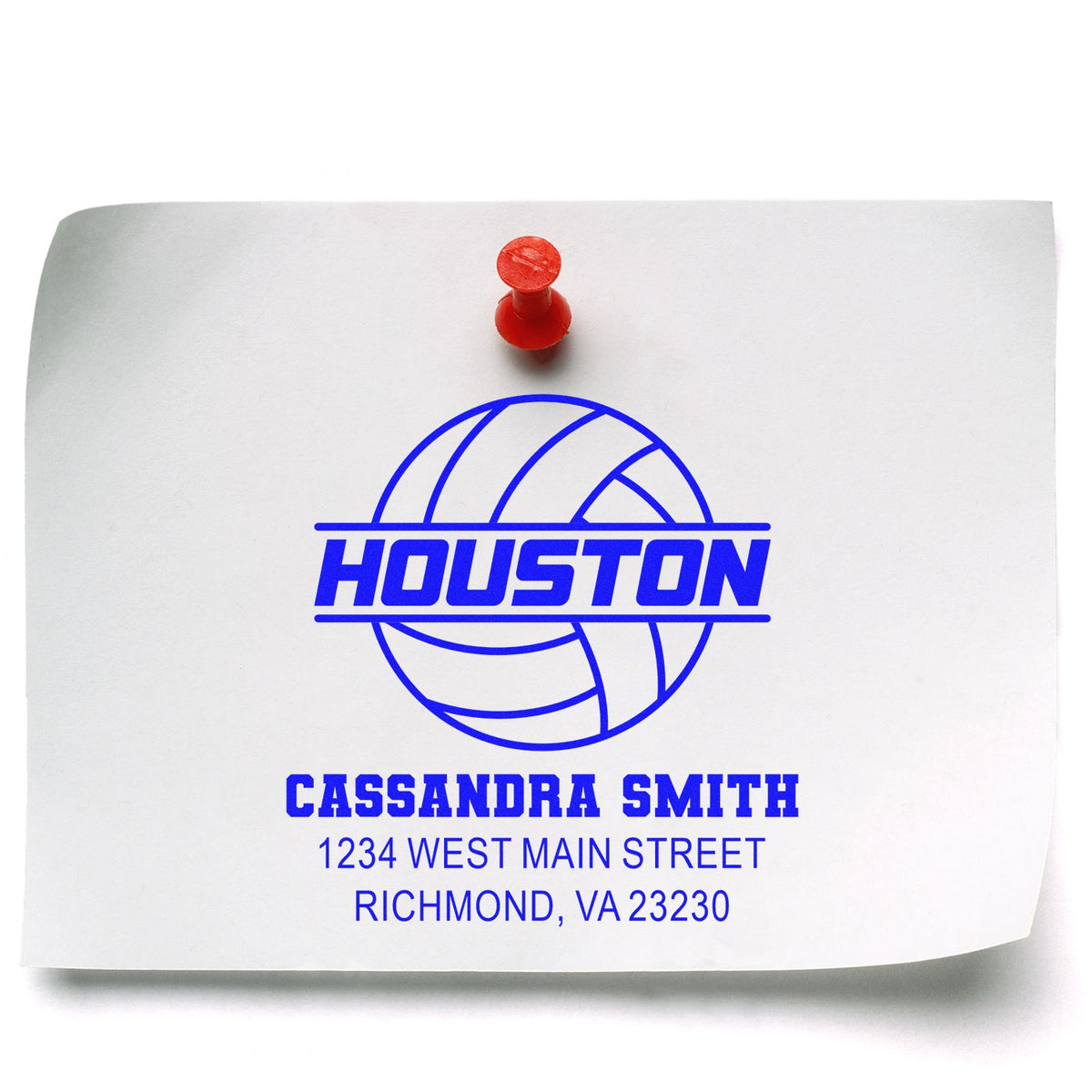 Custom rubber address stamp with Houston logo, Cassandra Smith name, and Richmond, VA return address.