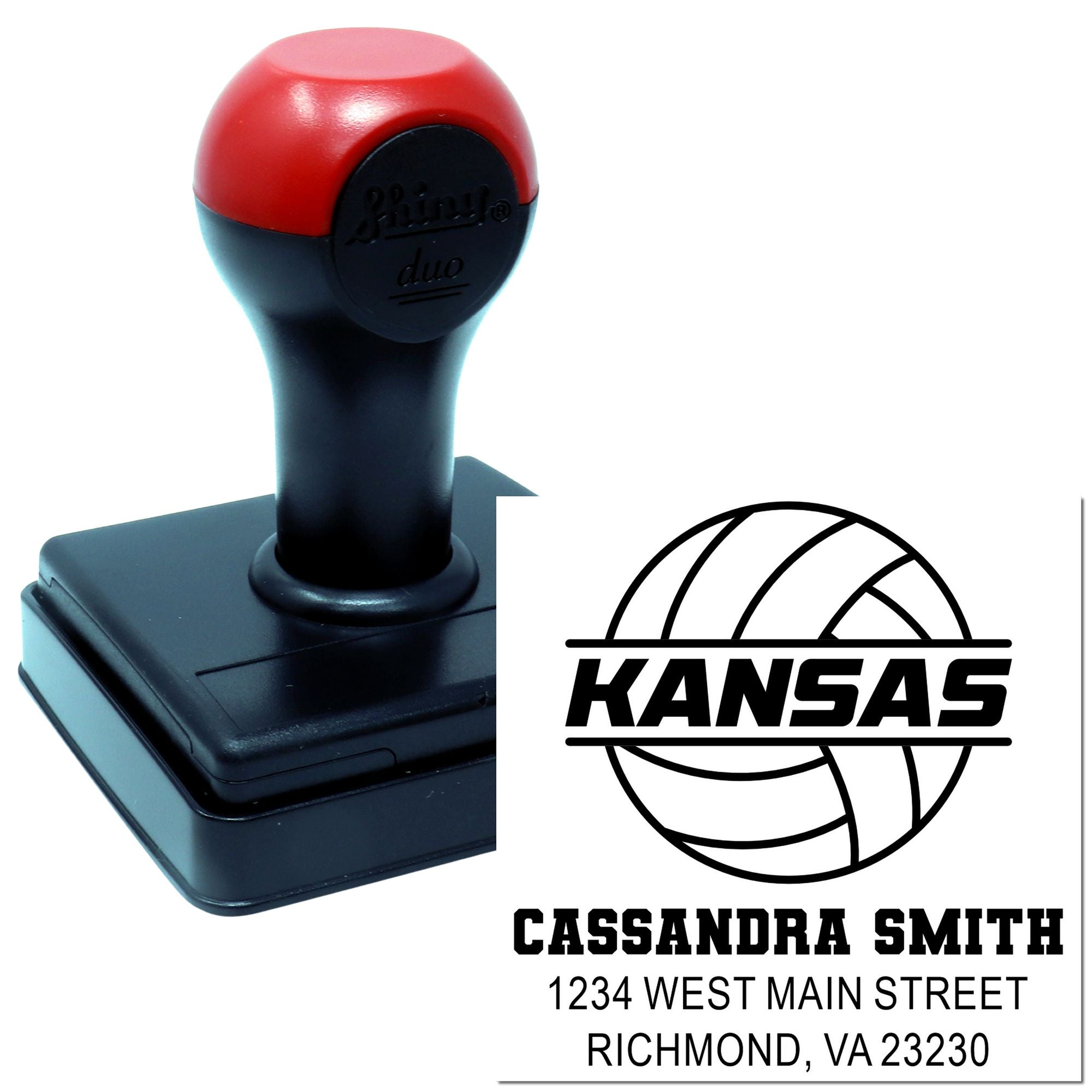 Custom self-inking rubber stamp with Kansas logo, Cassandra Smith name, and return address for mailing and business use
