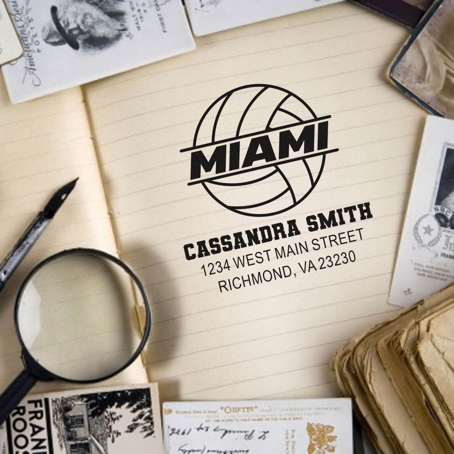 Custom Miami return address rubber stamp with name and address for personalized stationery and mail.