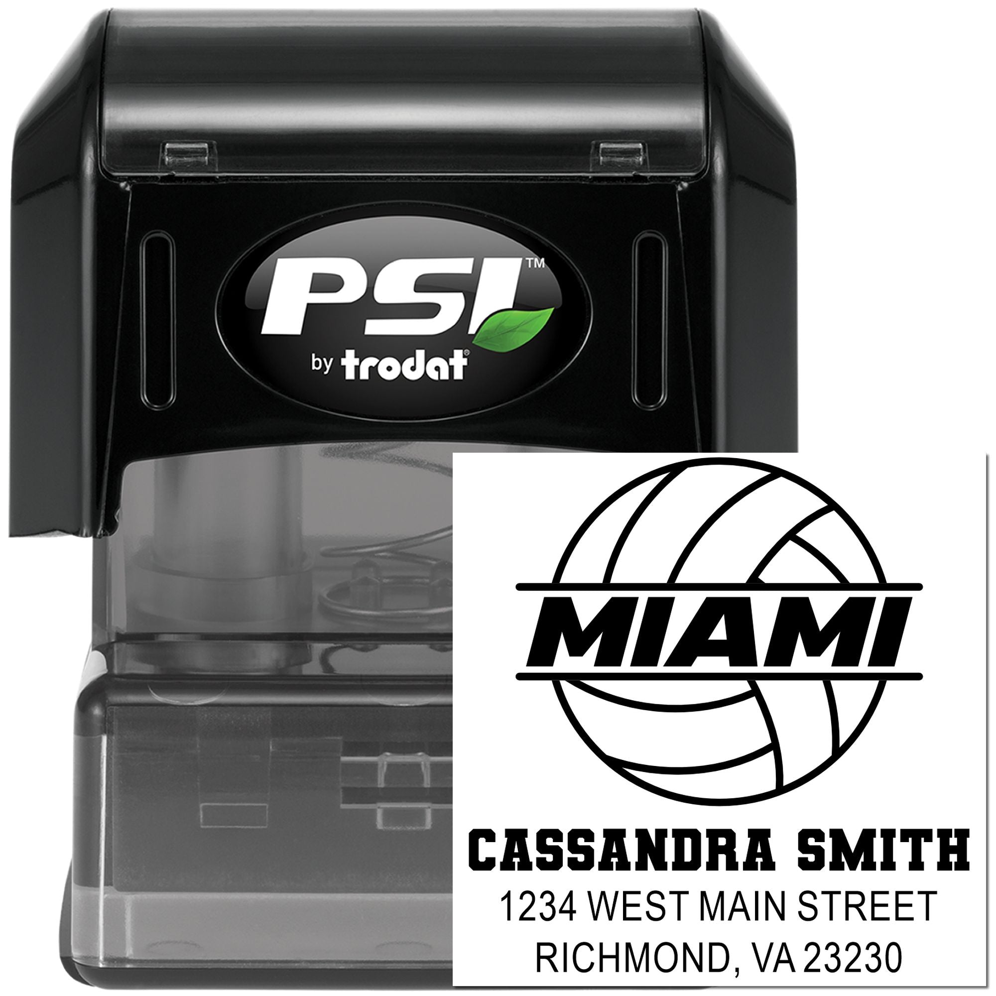 PSI by Trodat self-inking custom rubber stamp with Miami return address imprint for business mailings
