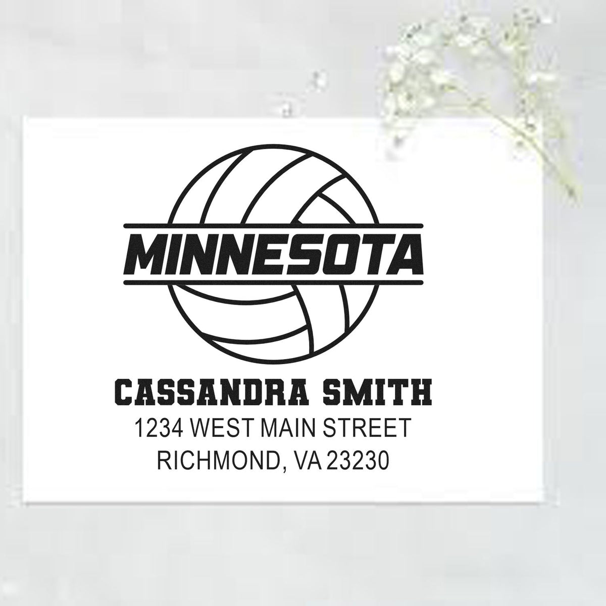 Custom Minnesota volleyball rubber stamp with Cassandra Smith return address, Richmond, VA 23230.