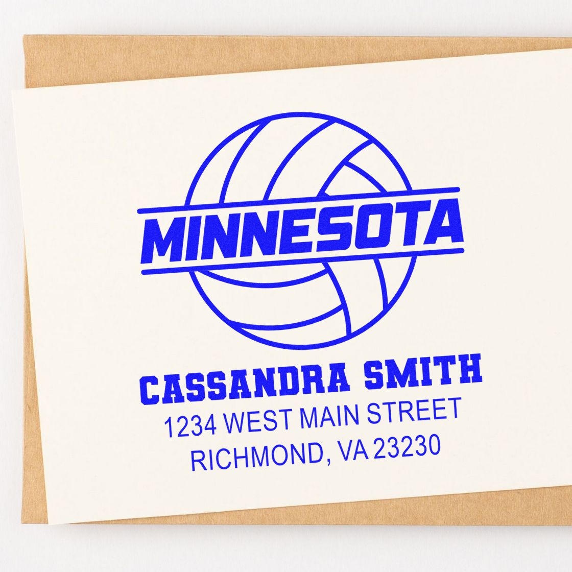 Custom Minnesota volleyball rubber stamp with Cassandra Smith name and address for personalized stationery.