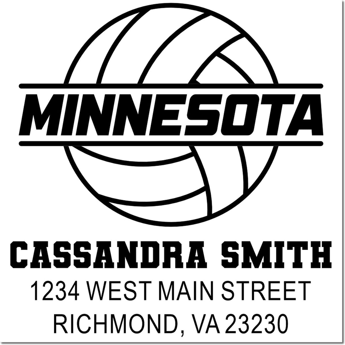 Custom Minnesota volleyball address rubber stamp for Cassandra Smith, 1234 West Main Street, Richmond, VA 23230.