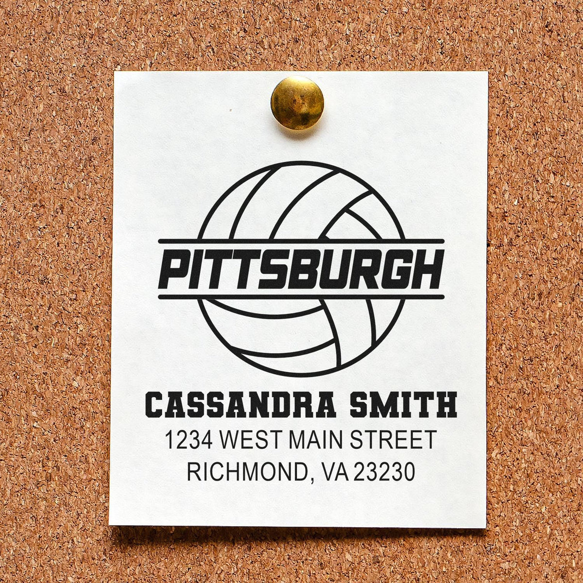 Custom Pittsburgh volleyball return address rubber stamp for Cassandra Smith, Richmond, VA 23230