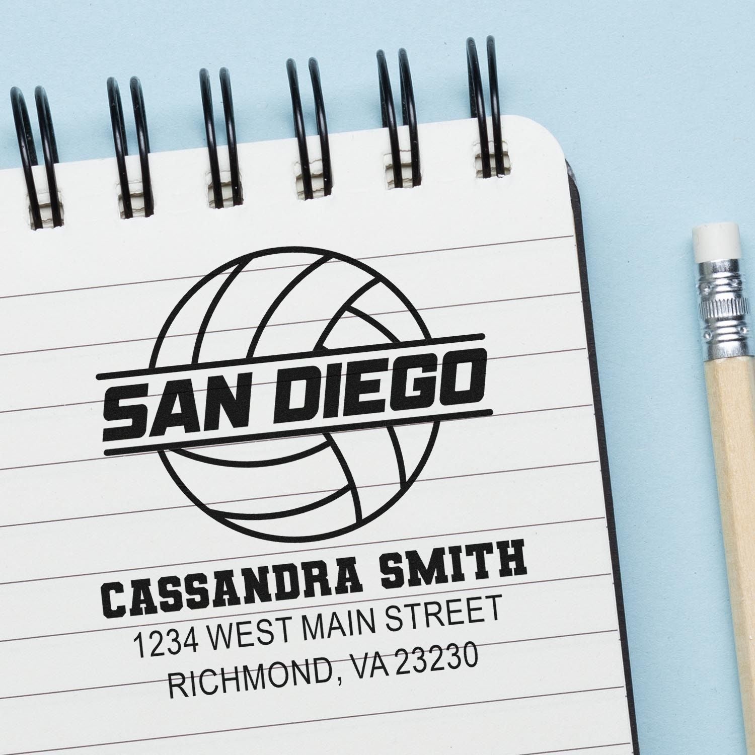 Personalized San Diego volleyball return address rubber stamp for Cassandra Smith, with name and mailing address.