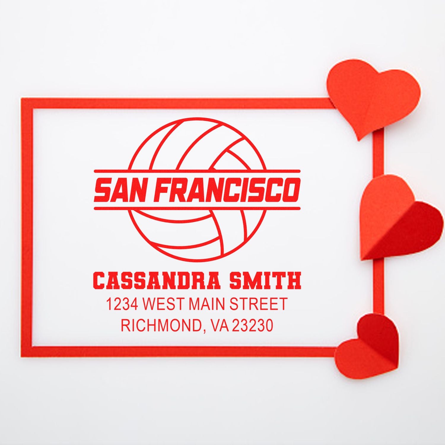 Custom rubber stamp for Cassandra Smith, San Francisco return address, ideal for personalized business mailings and envelopes.