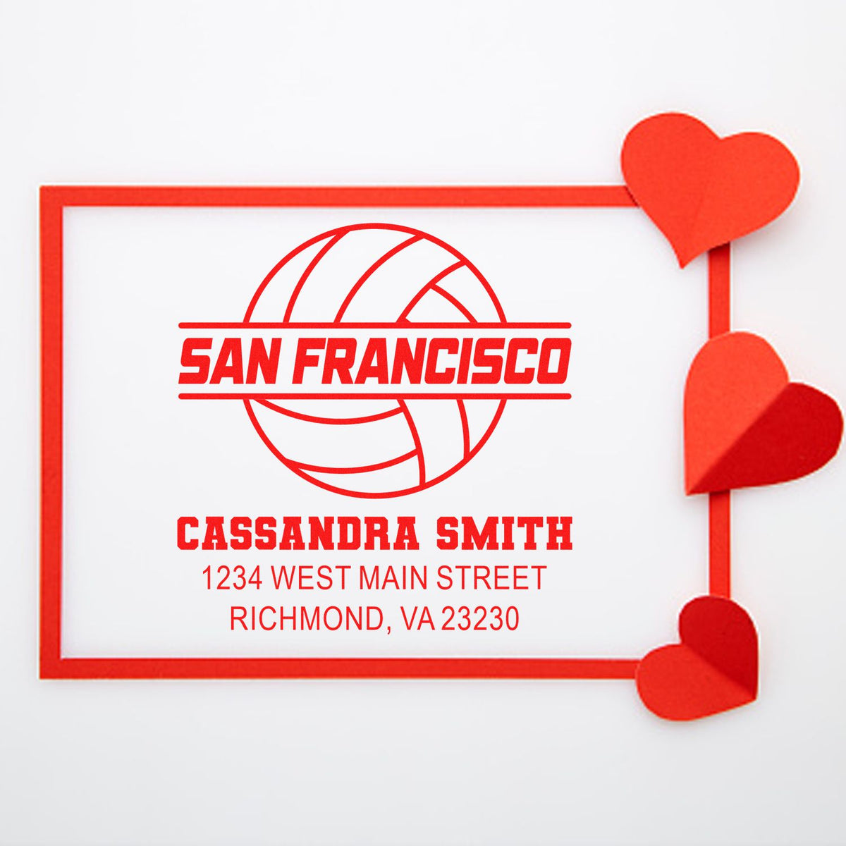 Custom return address rubber stamp for Cassandra Smith, San Francisco design, with heart accents and Richmond, VA 23230 address.