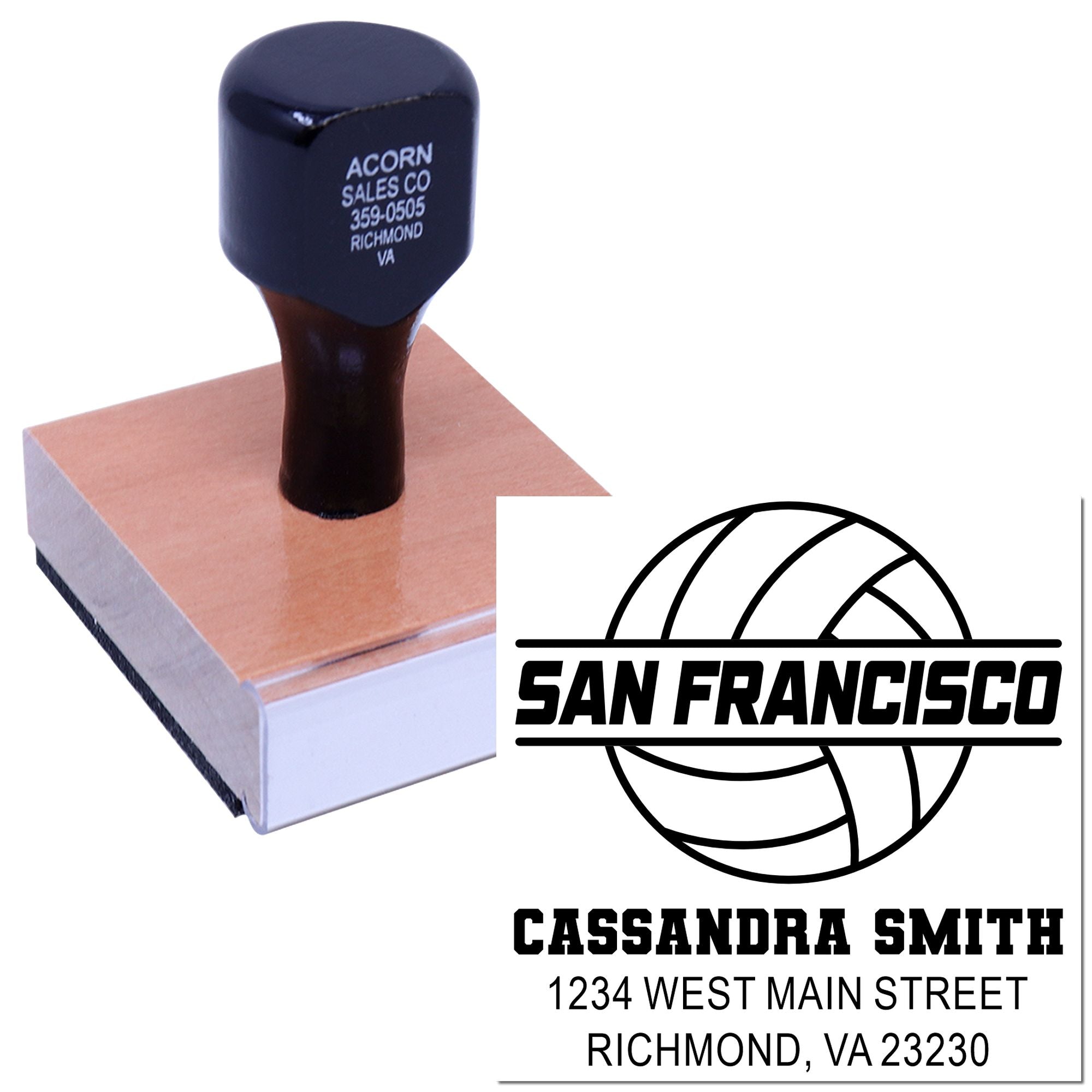 Custom rubber stamp showing personalized business address and logo imprint for mailing and branding.