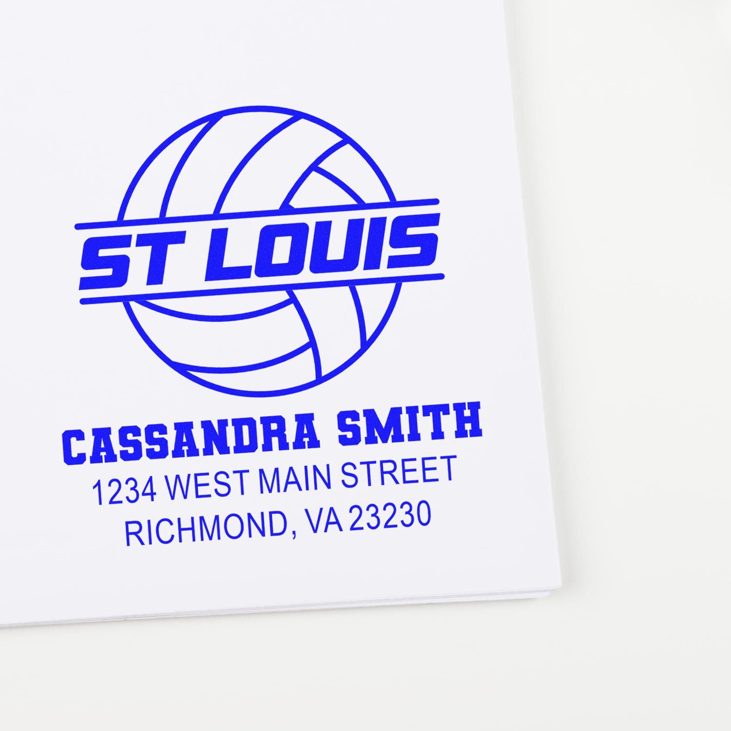 Personalized return address rubber stamp with St Louis volleyball logo, Cassandra Smith, and Richmond, VA address.