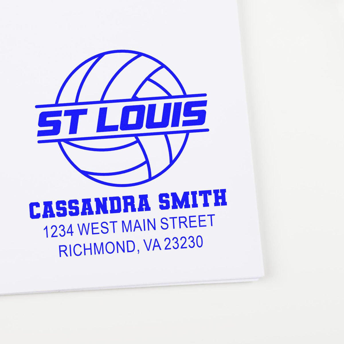 Personalized rubber stamp with St. Louis volleyball logo, Cassandra Smith name, and Richmond, VA return address.