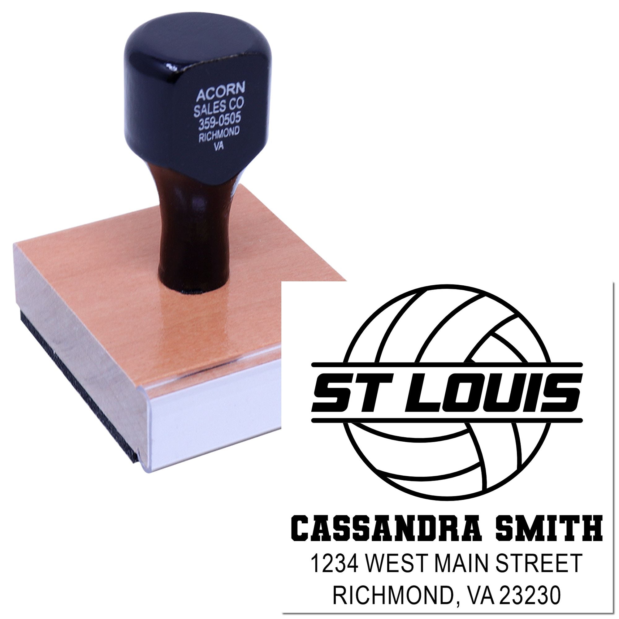 Custom rubber stamp with St. Louis volleyball logo, name, and address for business mailings