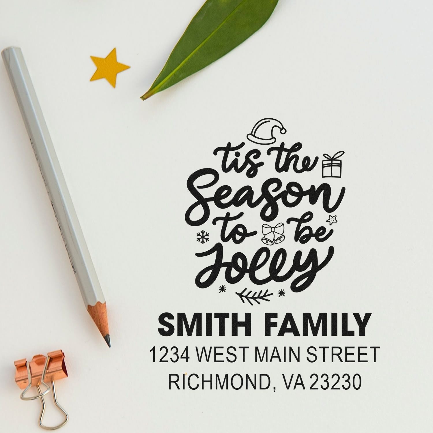 Custom Christmas return address rubber stamp with Tis the Season to Be Jolly design for Smith Family holiday cards.