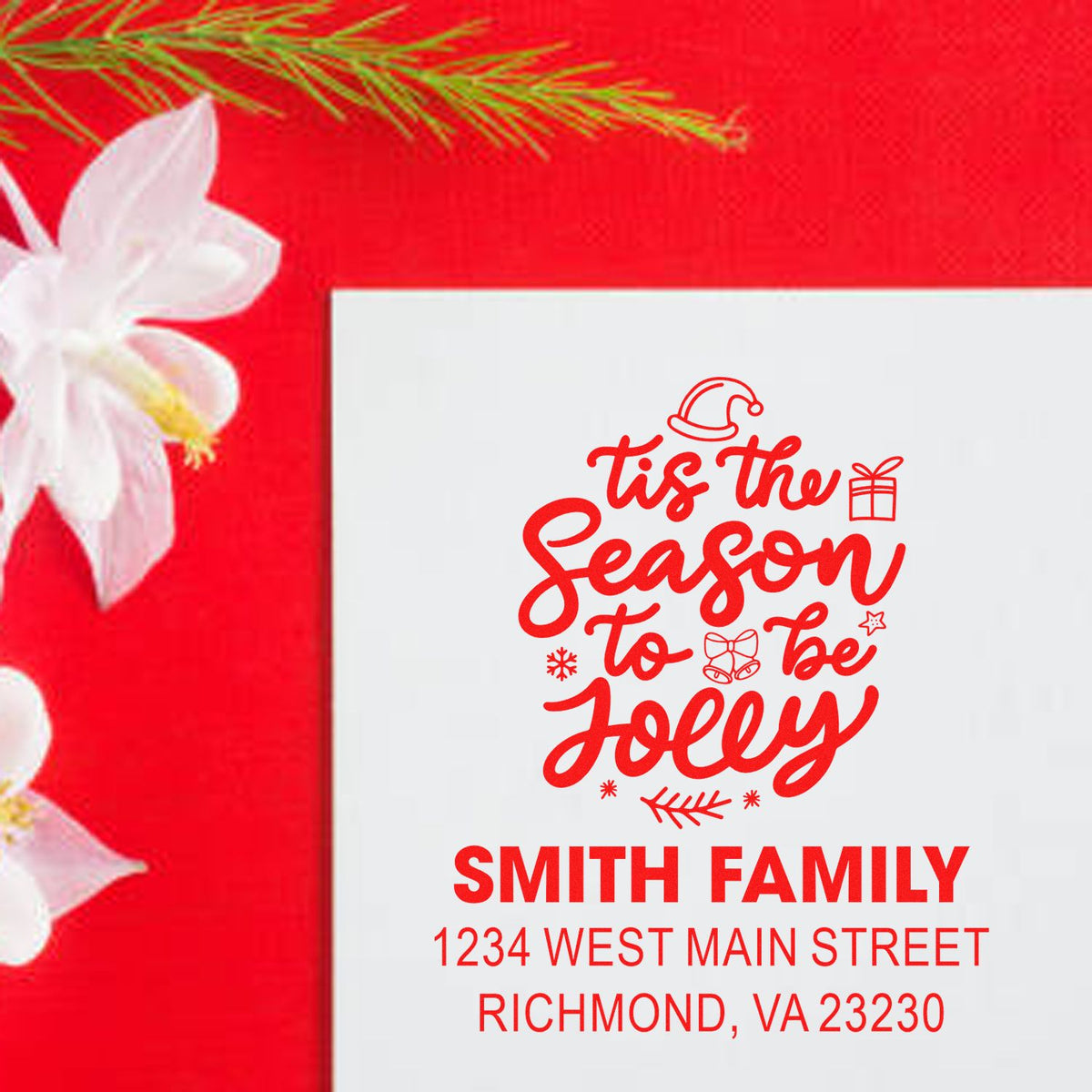Custom Christmas return address rubber stamp with Tis the Season to Be Jolly design for Smith family holiday cards.