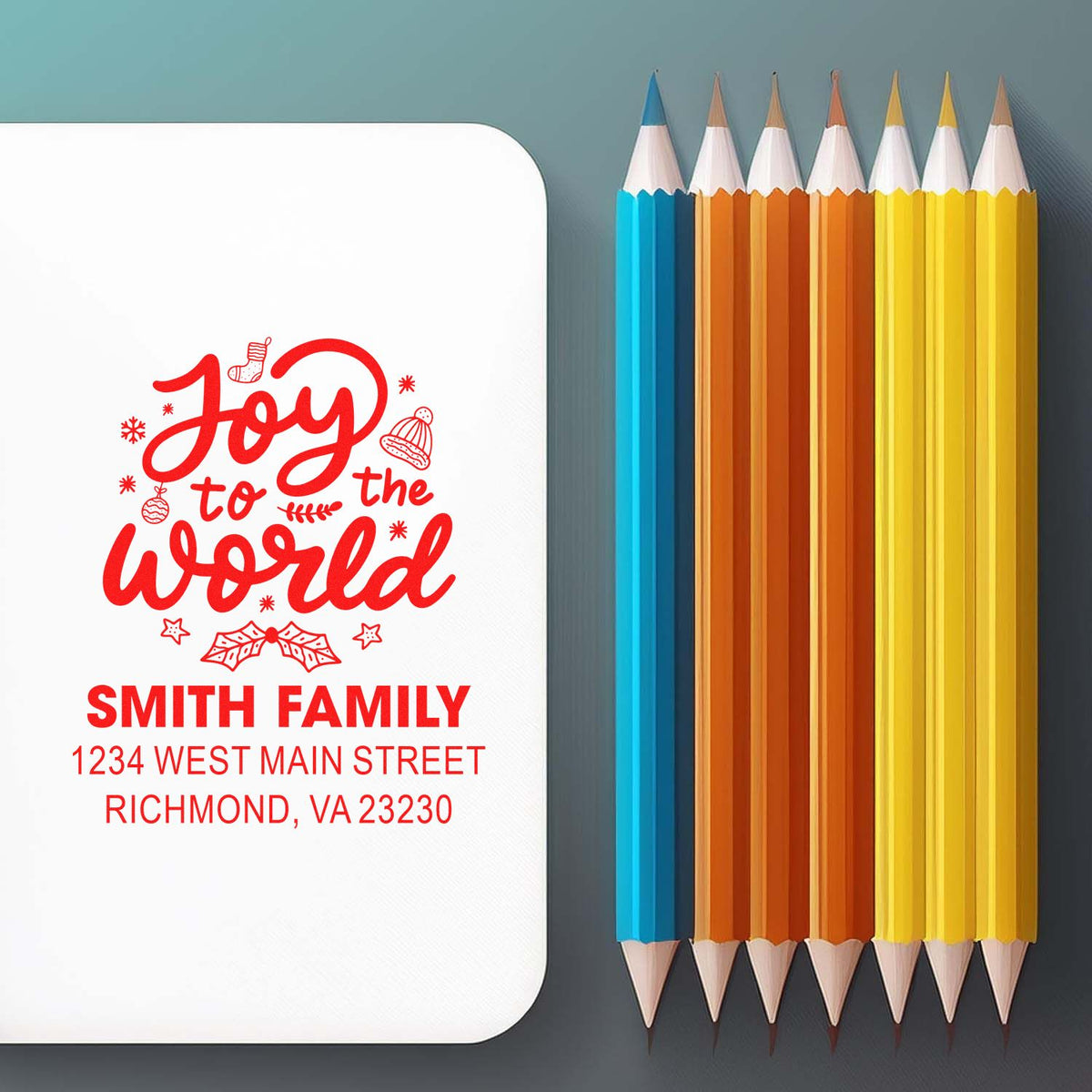 Personalized Christmas return address rubber stamp with Joy to the World design for Smith Family holiday cards