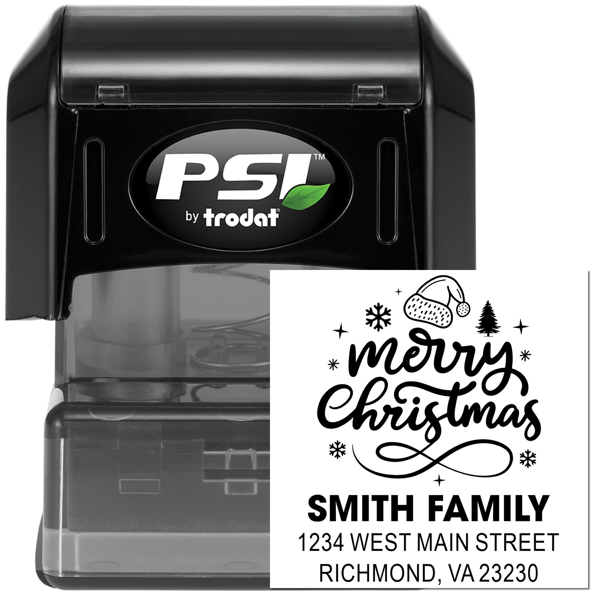 Custom Merry Christmas address rubber stamp by PSI by Trodat with Smith family name and Richmond, VA return address.