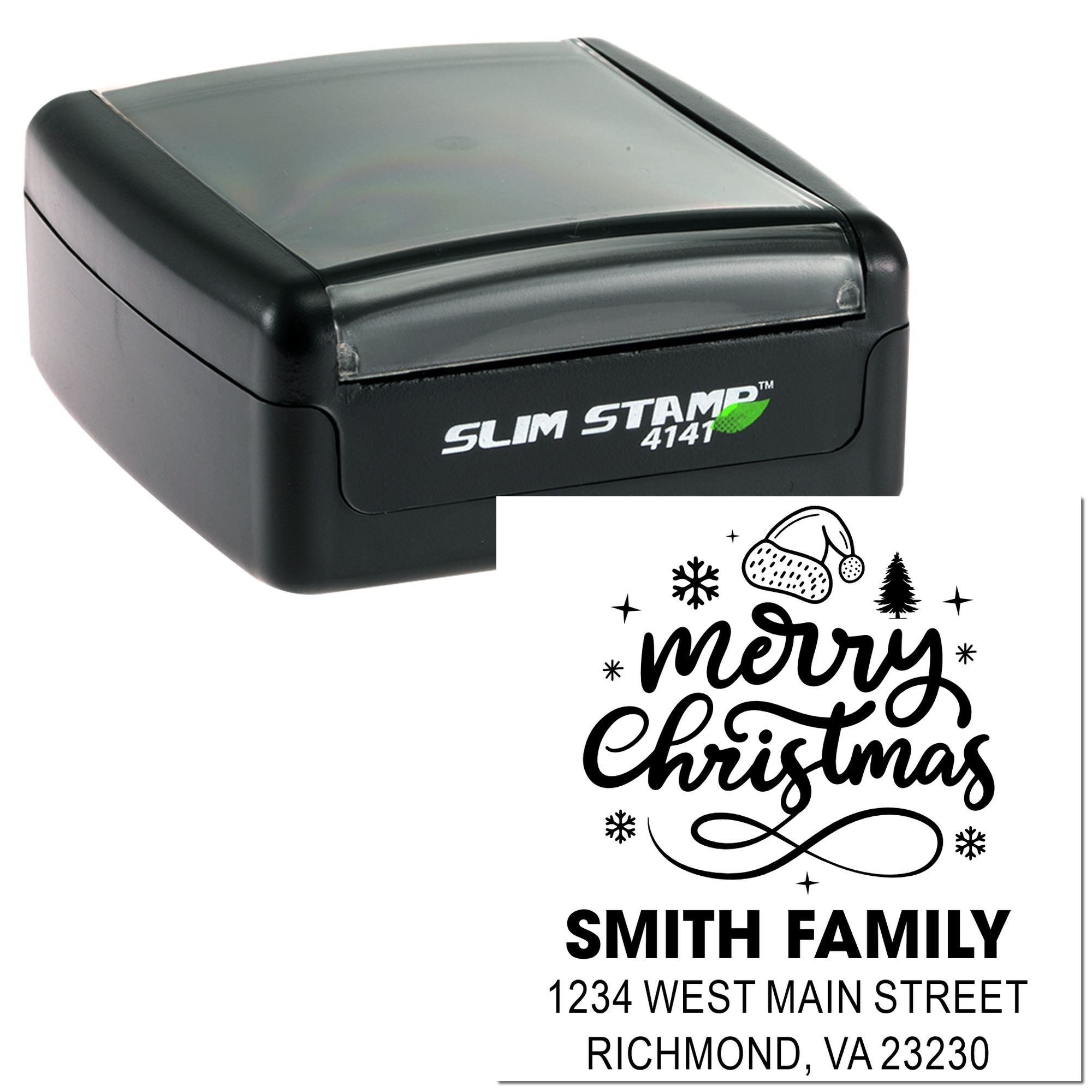 Custom holiday address rubber stamp with Merry Christmas design, Smith Family name, and return address.