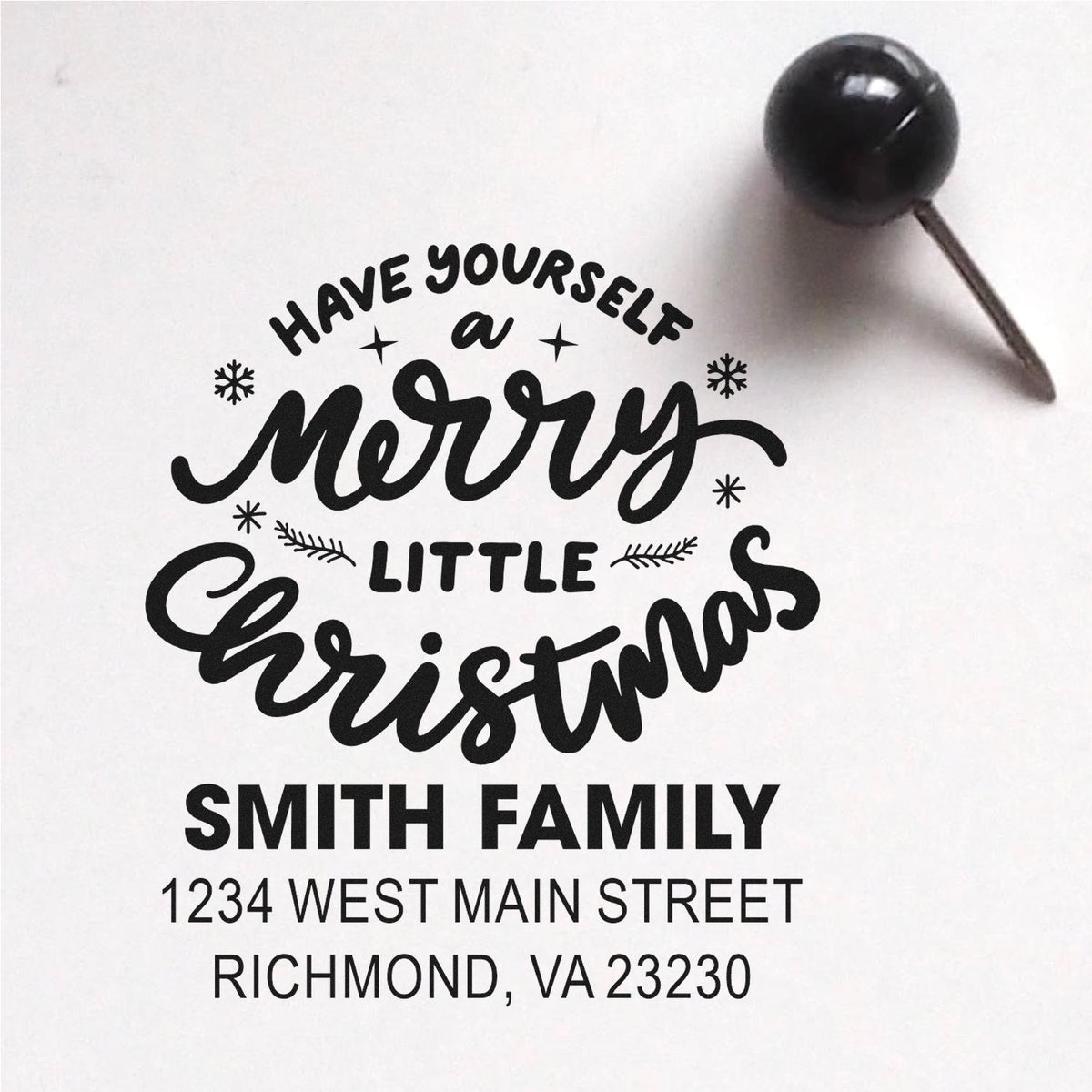 Custom Merry Little Christmas address rubber stamp for Smith Family holiday cards and envelopes.