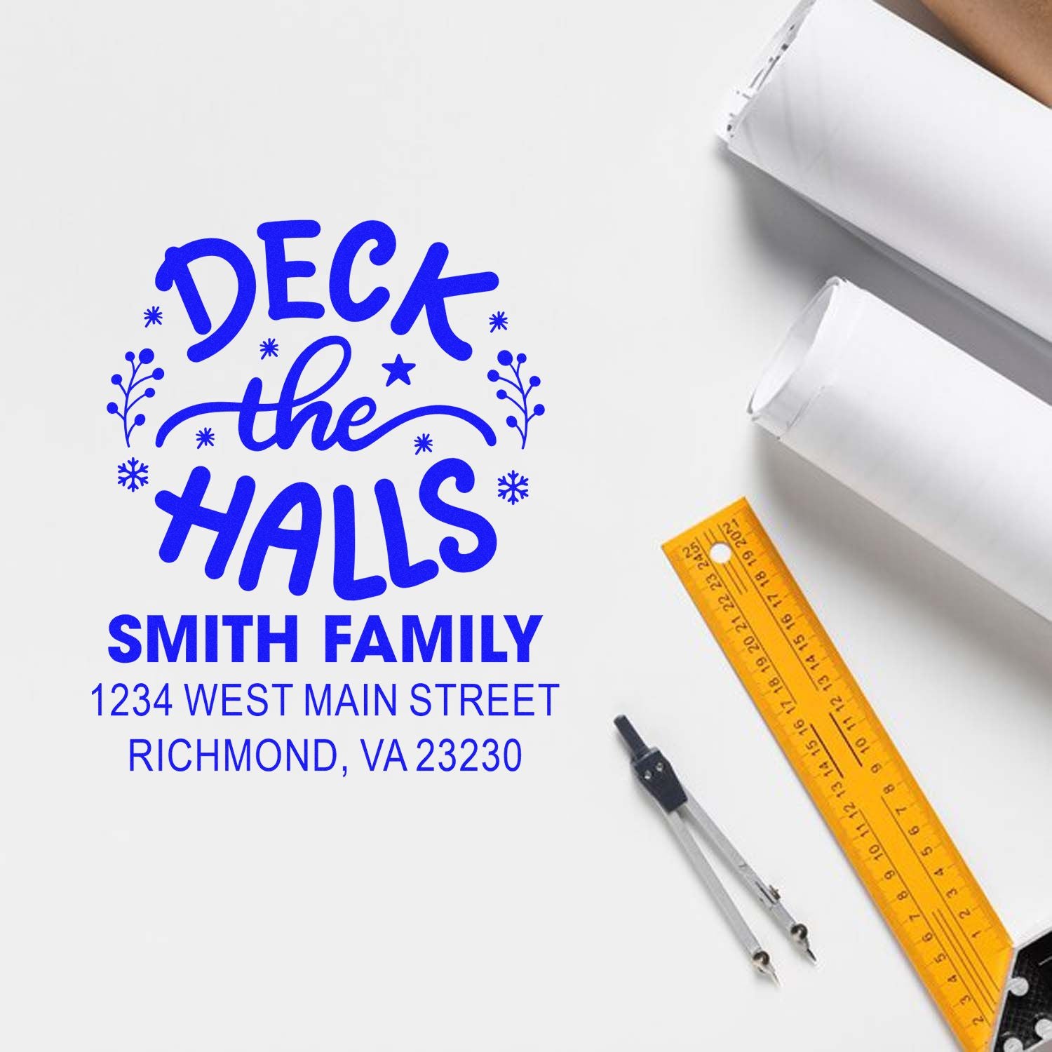 Custom holiday address rubber stamp preview for Smith Family mailers, featuring Deck the Halls and Richmond, VA return address.