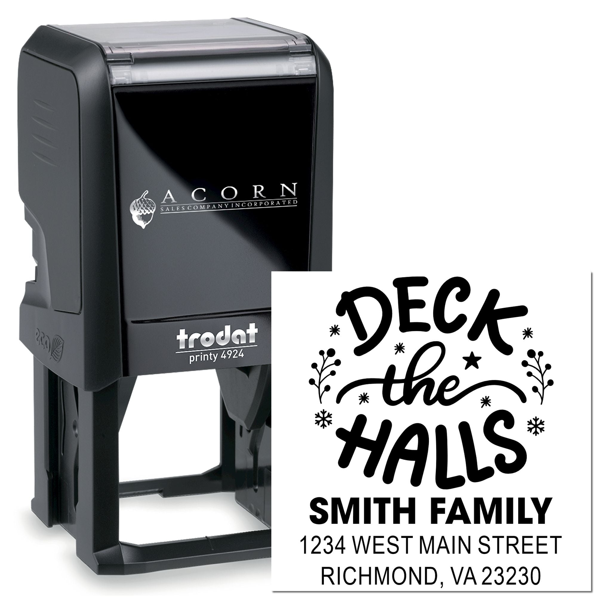 Custom self-inking Trodat Printy 4924 rubber address stamp with festive Deck the Halls Smith family design