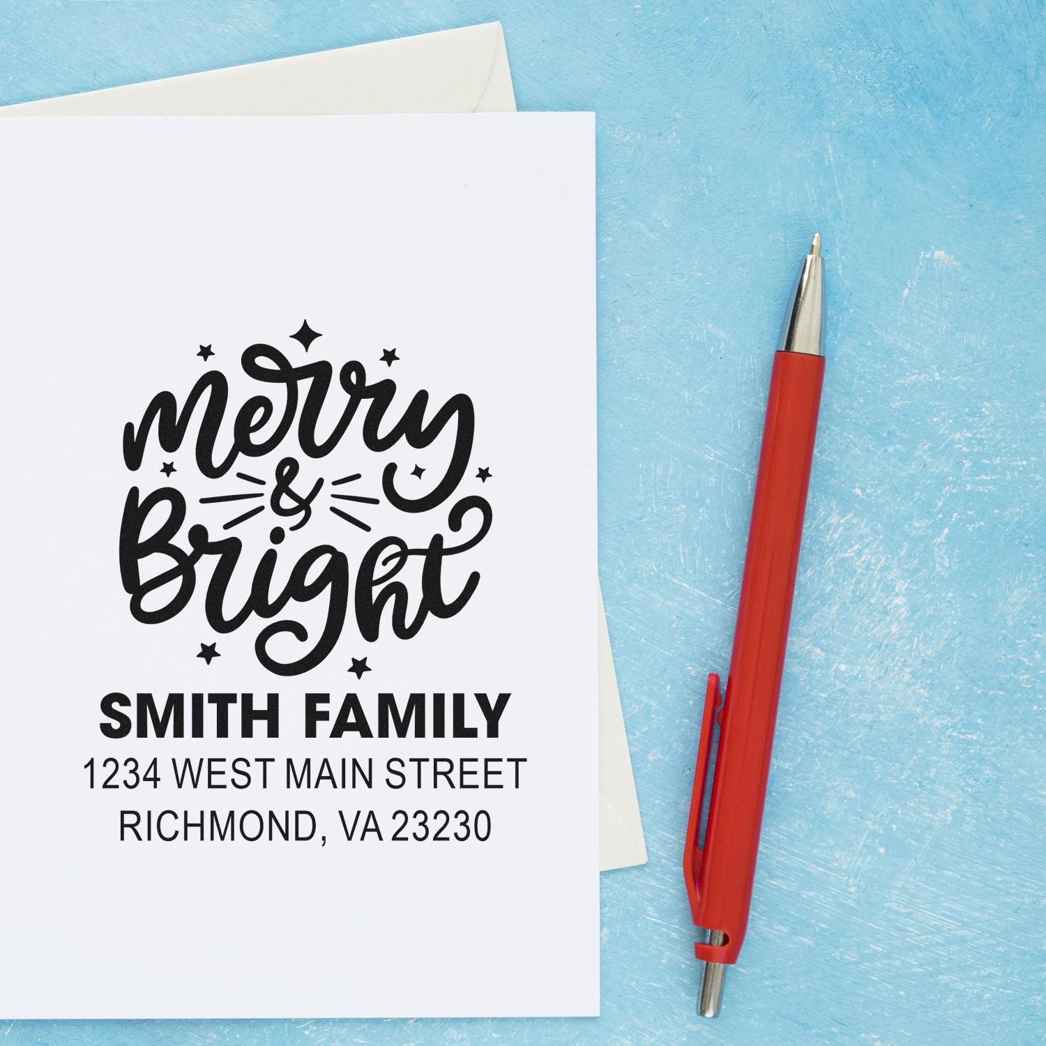 Personalized Merry & Bright return address rubber stamp for Smith Family, with festive holiday script and address.
