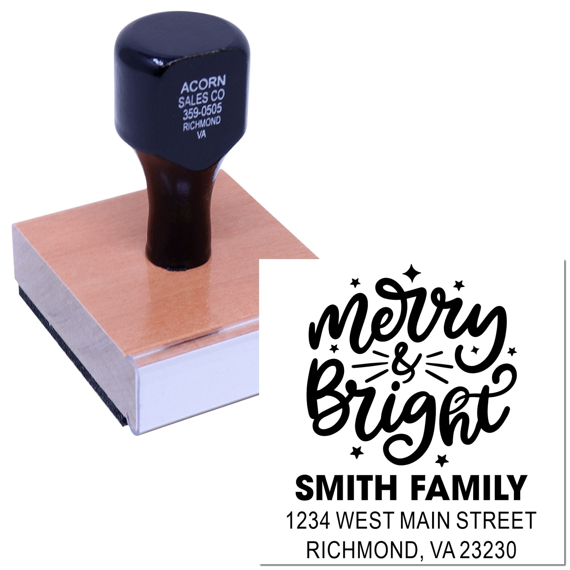 Custom Merry & Bright return address rubber stamp for Smith Family holiday cards and festive Christmas mail.