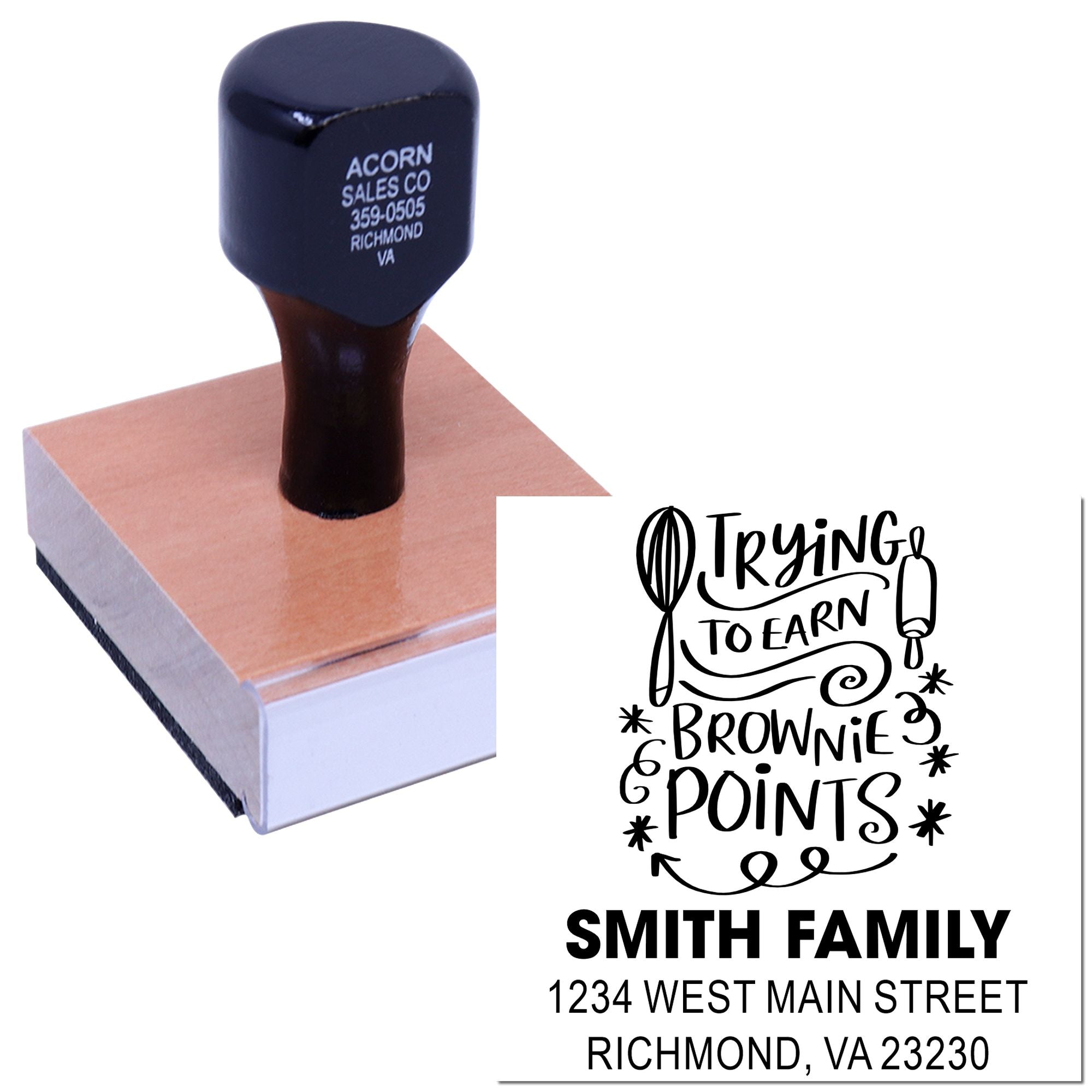 Custom rubber address stamp with family name and home address, shown with decorative brownie points imprint design.
