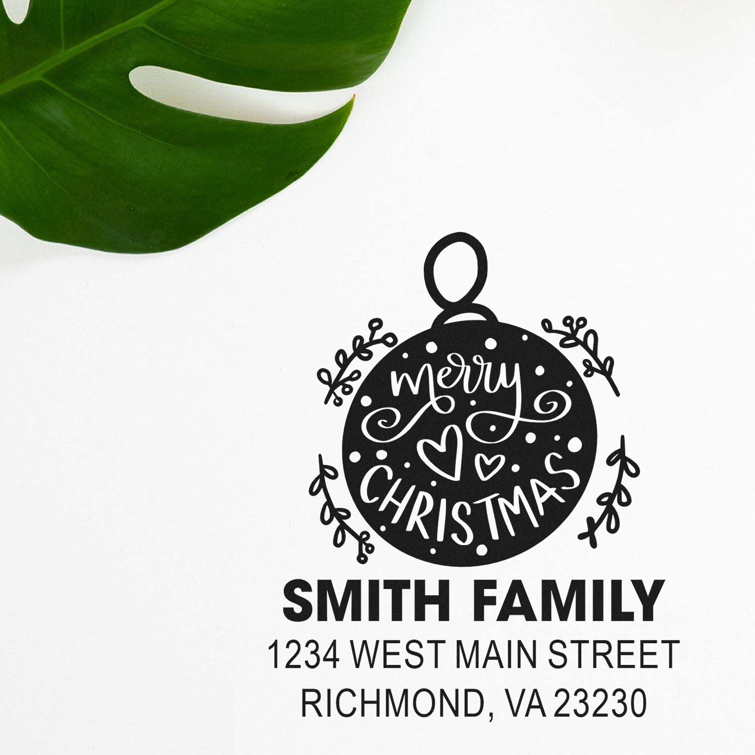 Custom holiday return address rubber stamp with Merry Christmas ornament design for Smith Family in Richmond, VA.