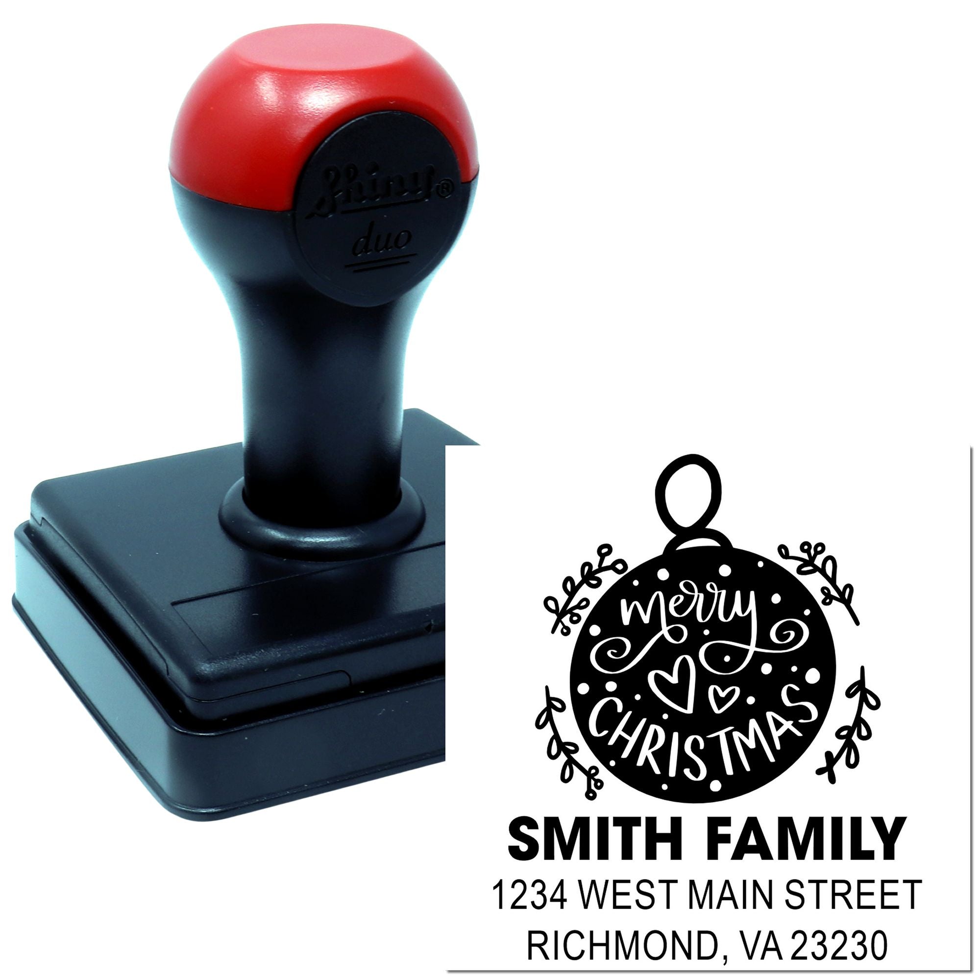 Personalized Christmas return address rubber stamp with self-inking handle, ideal for holiday cards and festive envelopes.
