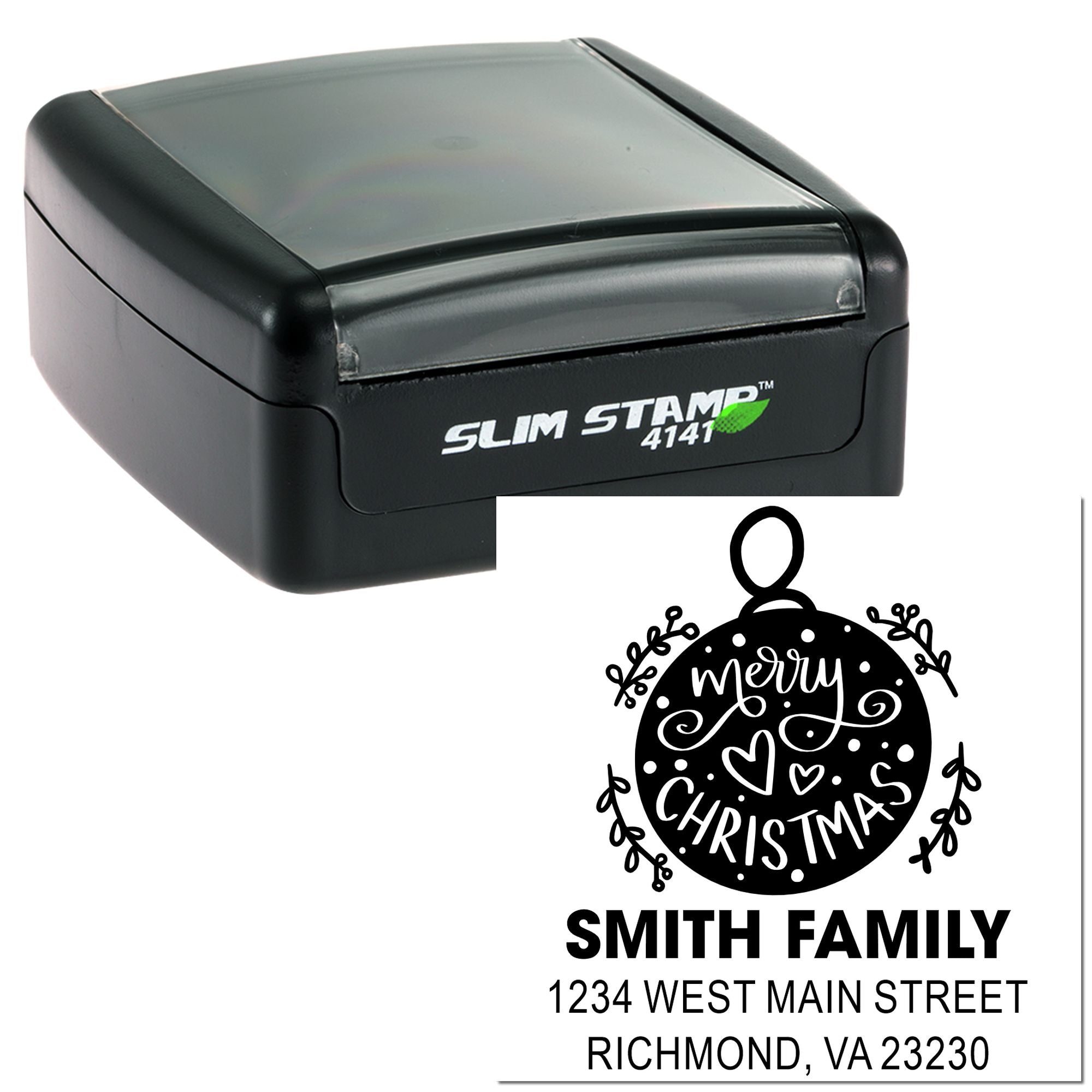 Custom self-inking Christmas rubber stamp with Smith Family address and festive ornament design.