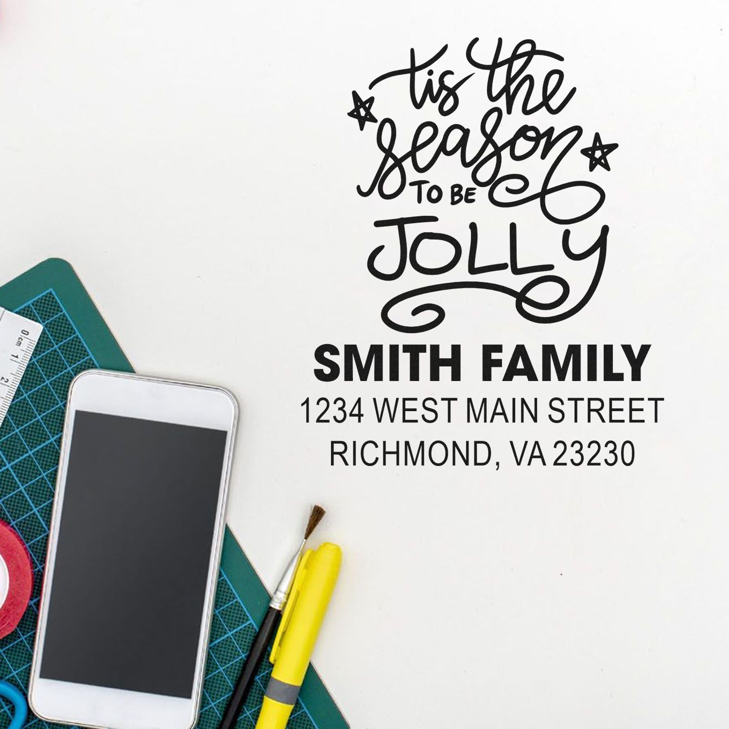 Custom holiday rubber stamp with Tis the Season to Be Jolly, Smith family name, and address for Christmas card mailings.