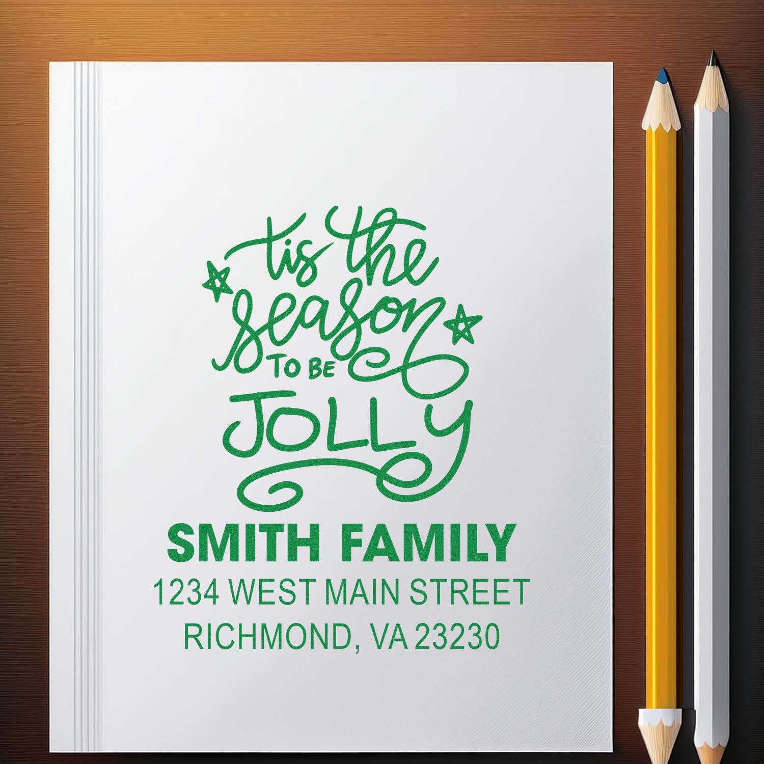 Personalized Christmas rubber stamp with Tis the Season to Be Jolly and Smith Family return address.