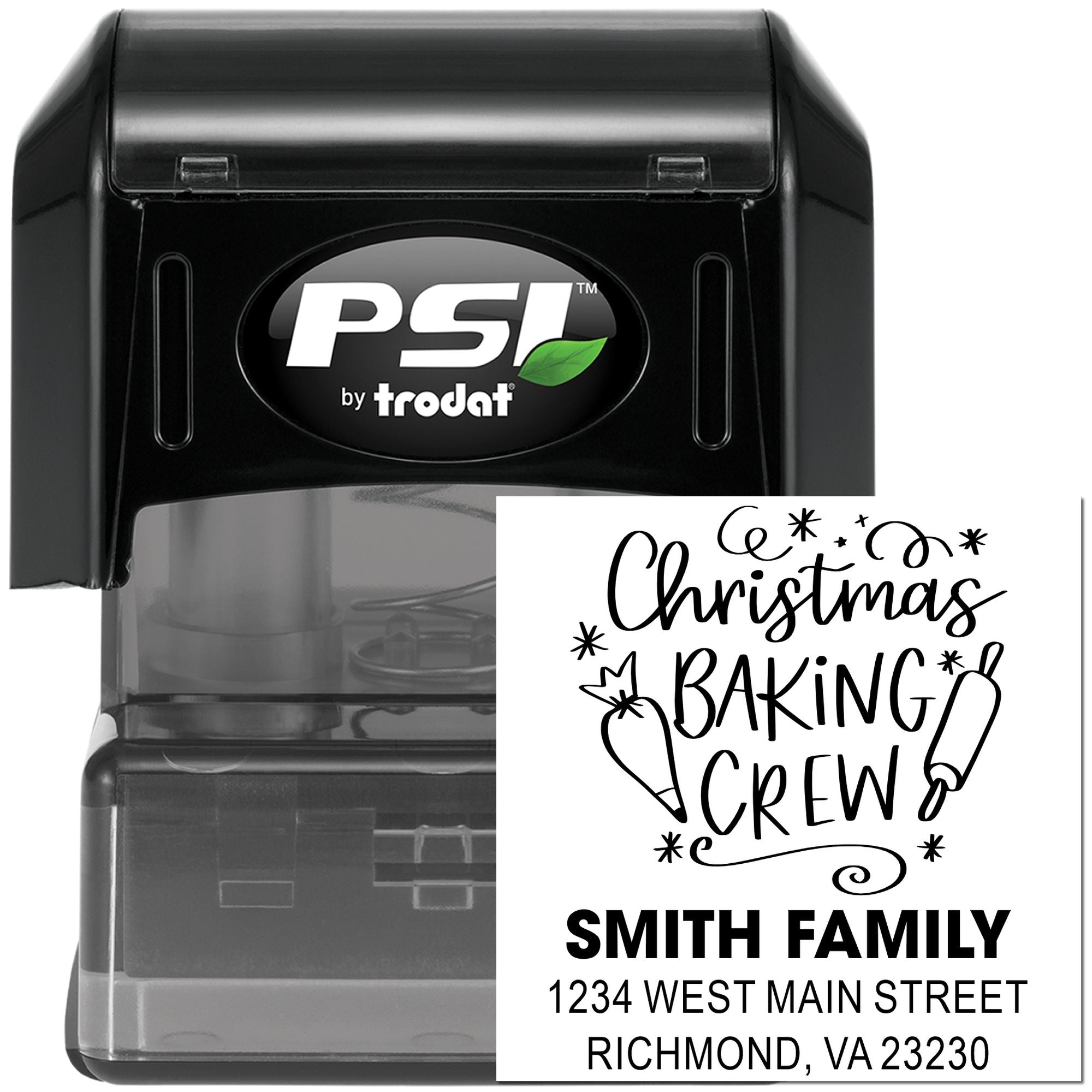 Personalized self-inking rubber stamp for Christmas Baking Crew, custom with Smith family name and address.
