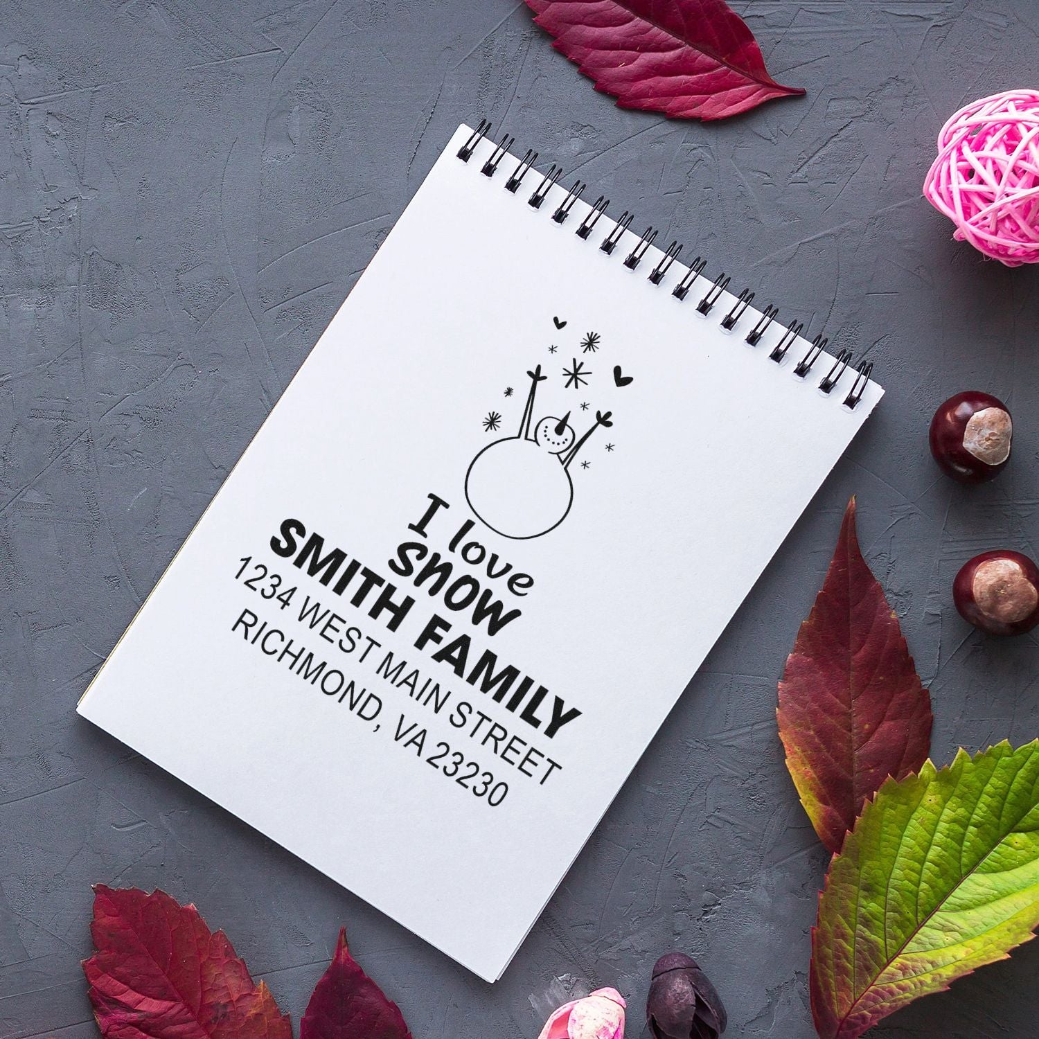 Personalized Smith Family address rubber stamp with snowman design for winter cards and holiday mailings.