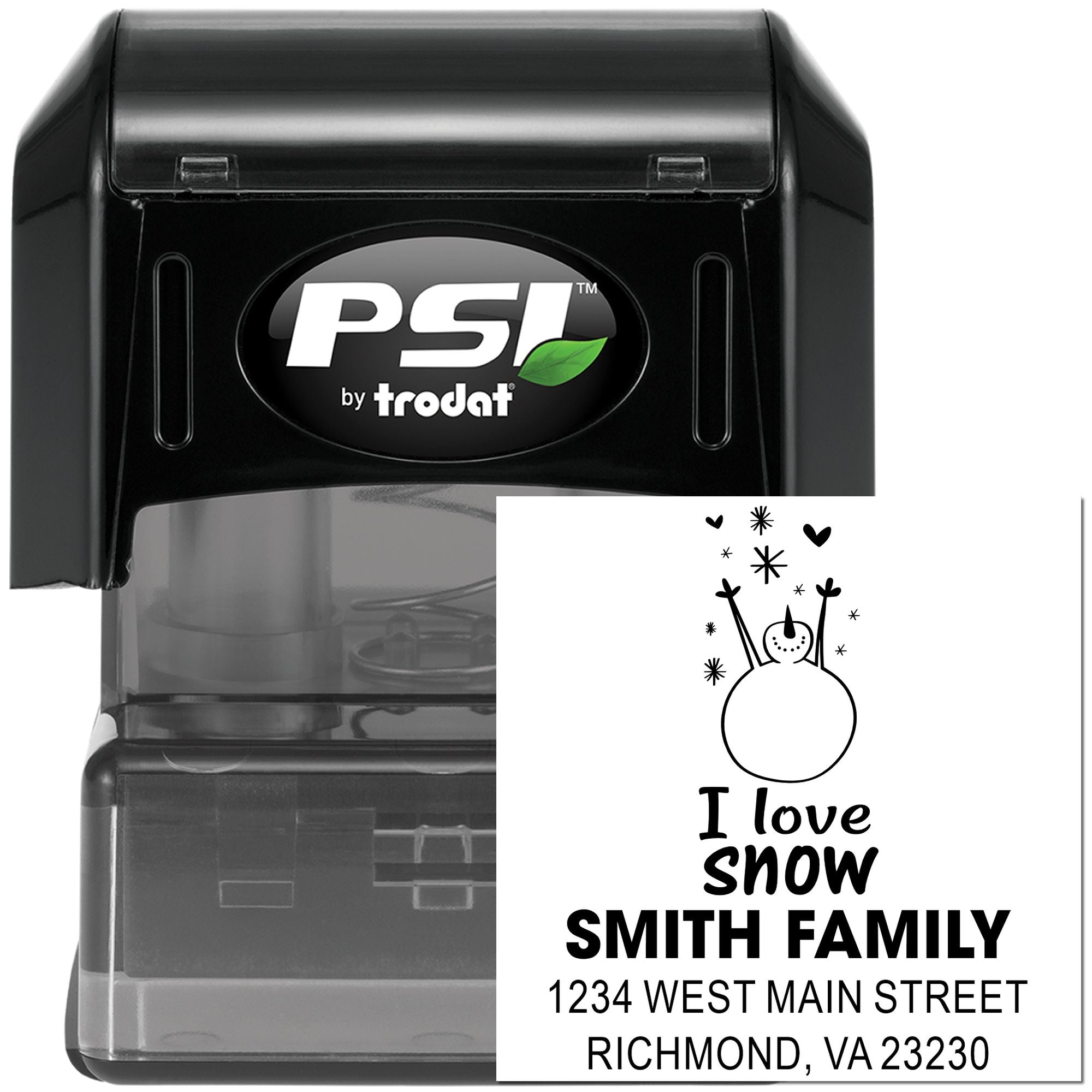 Custom self-inking rubber address stamp with I love snow snowman design, Smith family name, and return address.