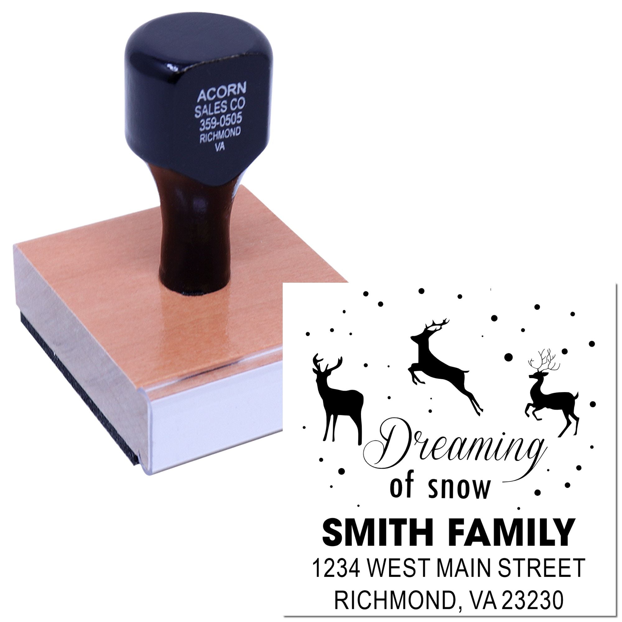 Custom rubber address stamp with winter deer design and Smith family return address for holiday mailing labels