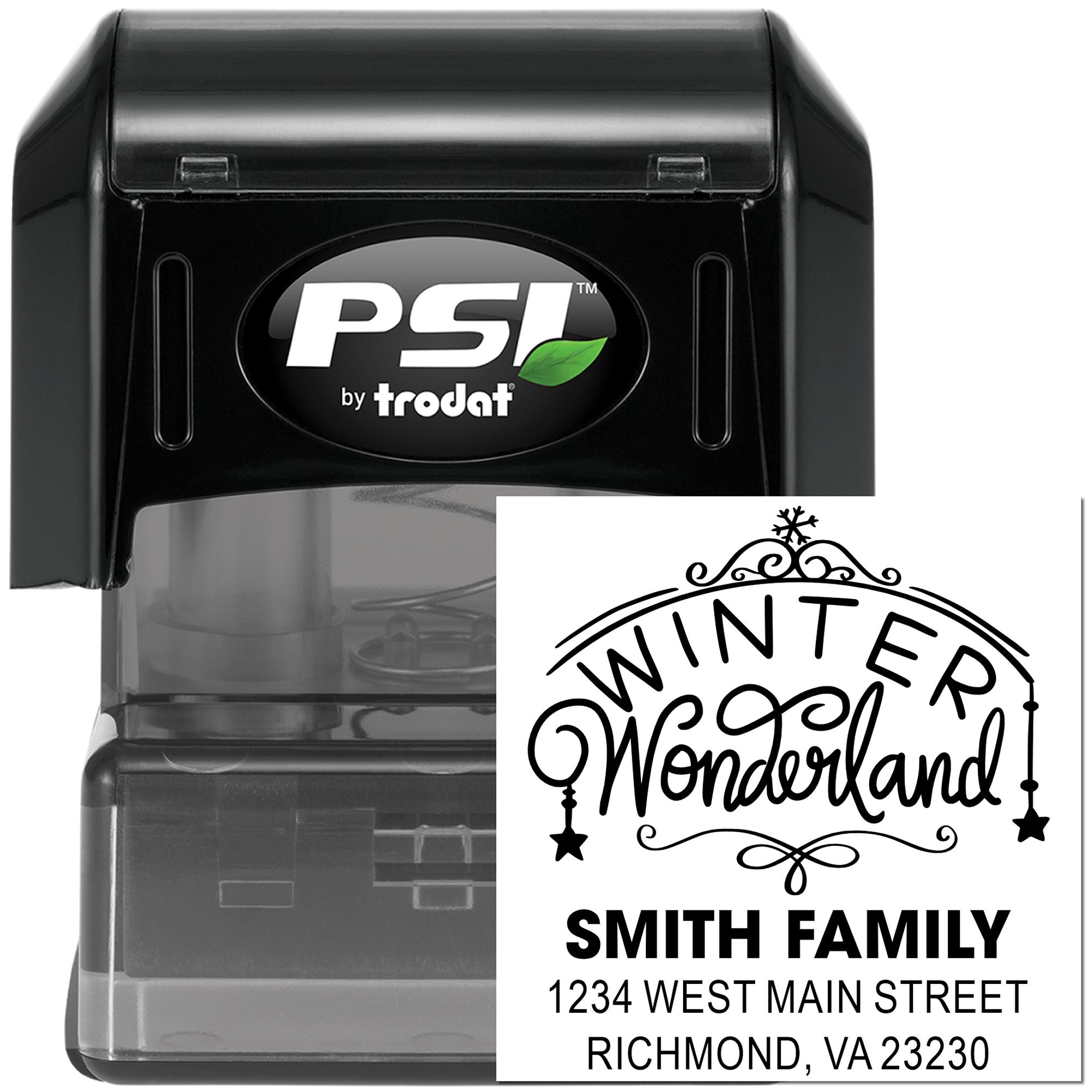 Custom self-inking rubber stamp for holiday mail, featuring Winter Wonderland Smith Family address design by PSI by Trodat.