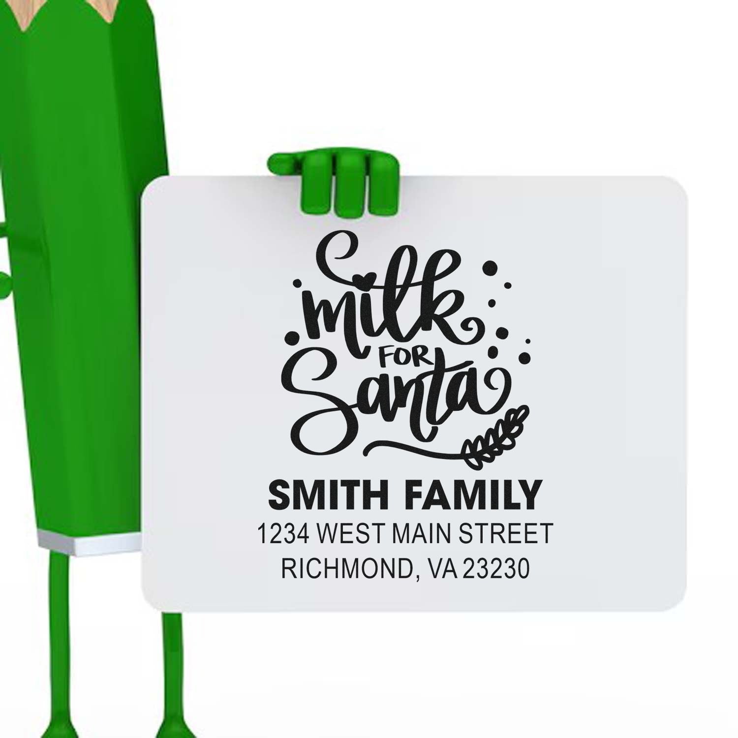 Personalized Milk for Santa address rubber stamp design for Christmas cards, featuring family name and mailing address