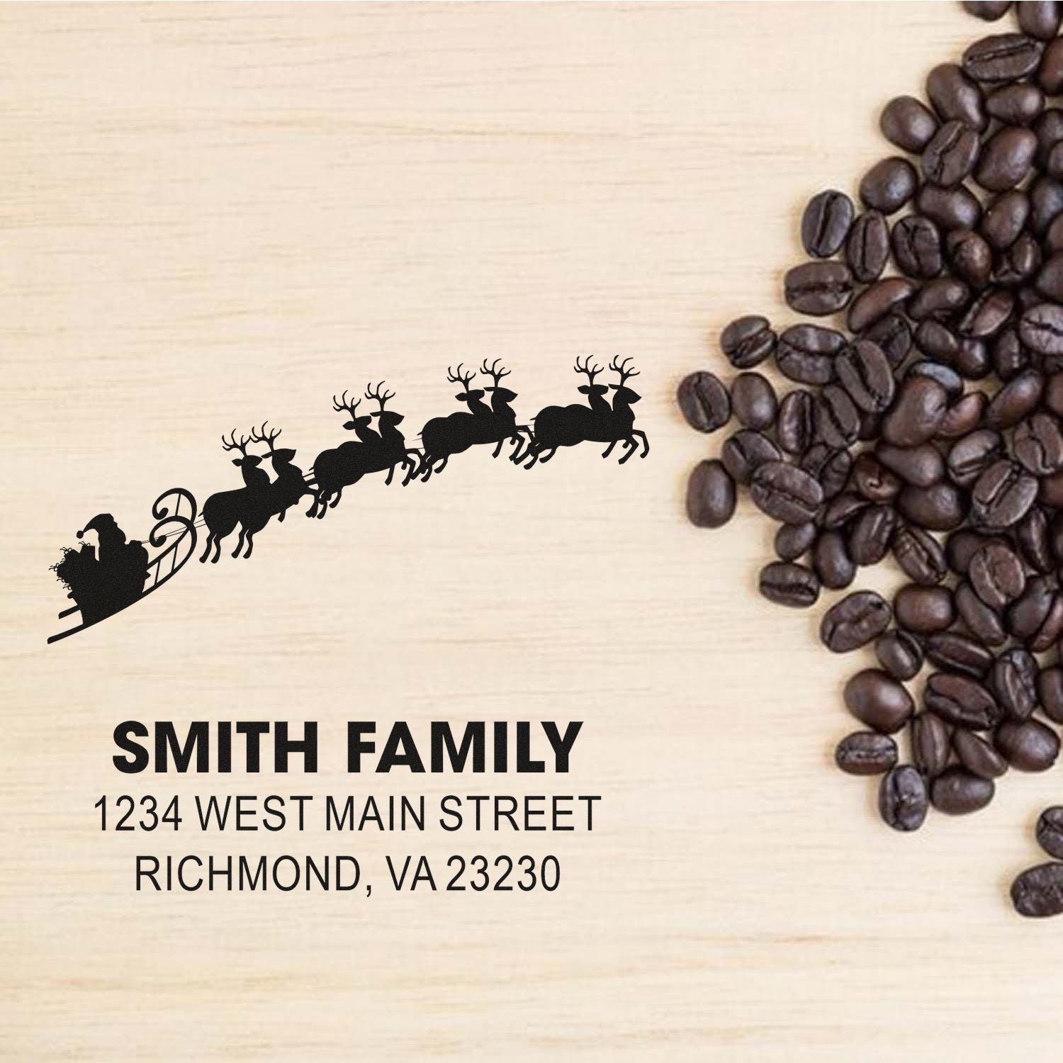 Custom Santa sleigh return address rubber stamp for Smith Family, with holiday coffee bean design and Richmond, VA mailing details.