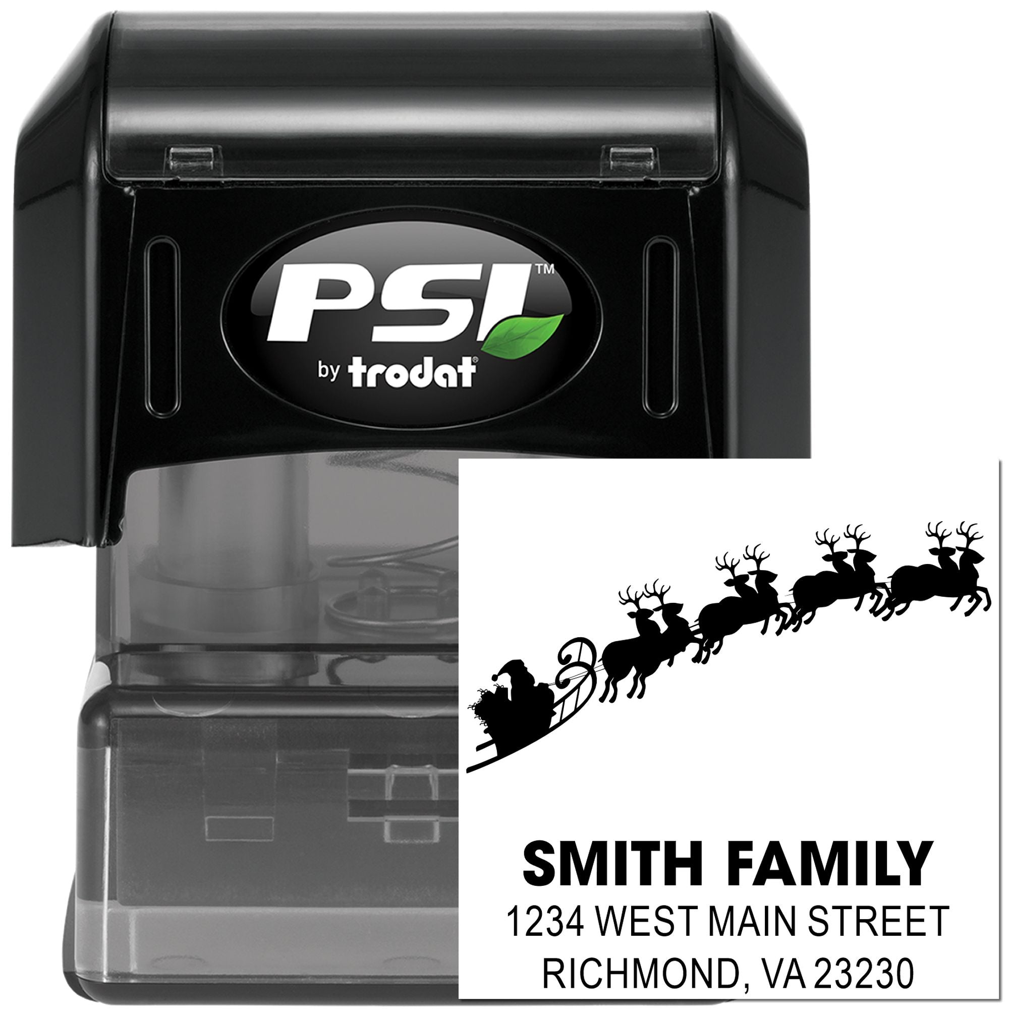 Personalized self-inking rubber stamp with Santa sleigh return address design for holiday mailings.