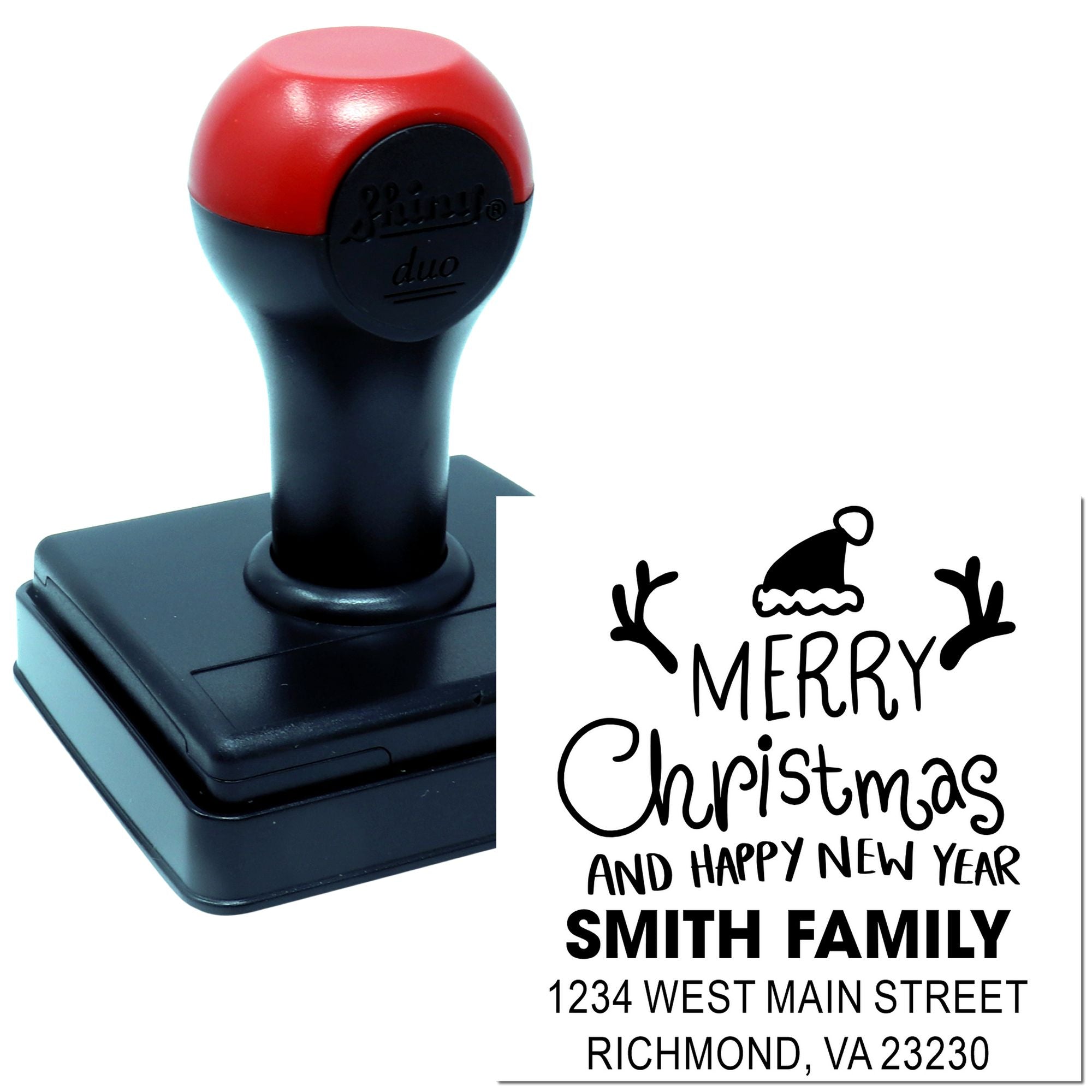 Custom self-inking holiday rubber stamp with Merry Christmas and Happy New Year return address for Smith family.