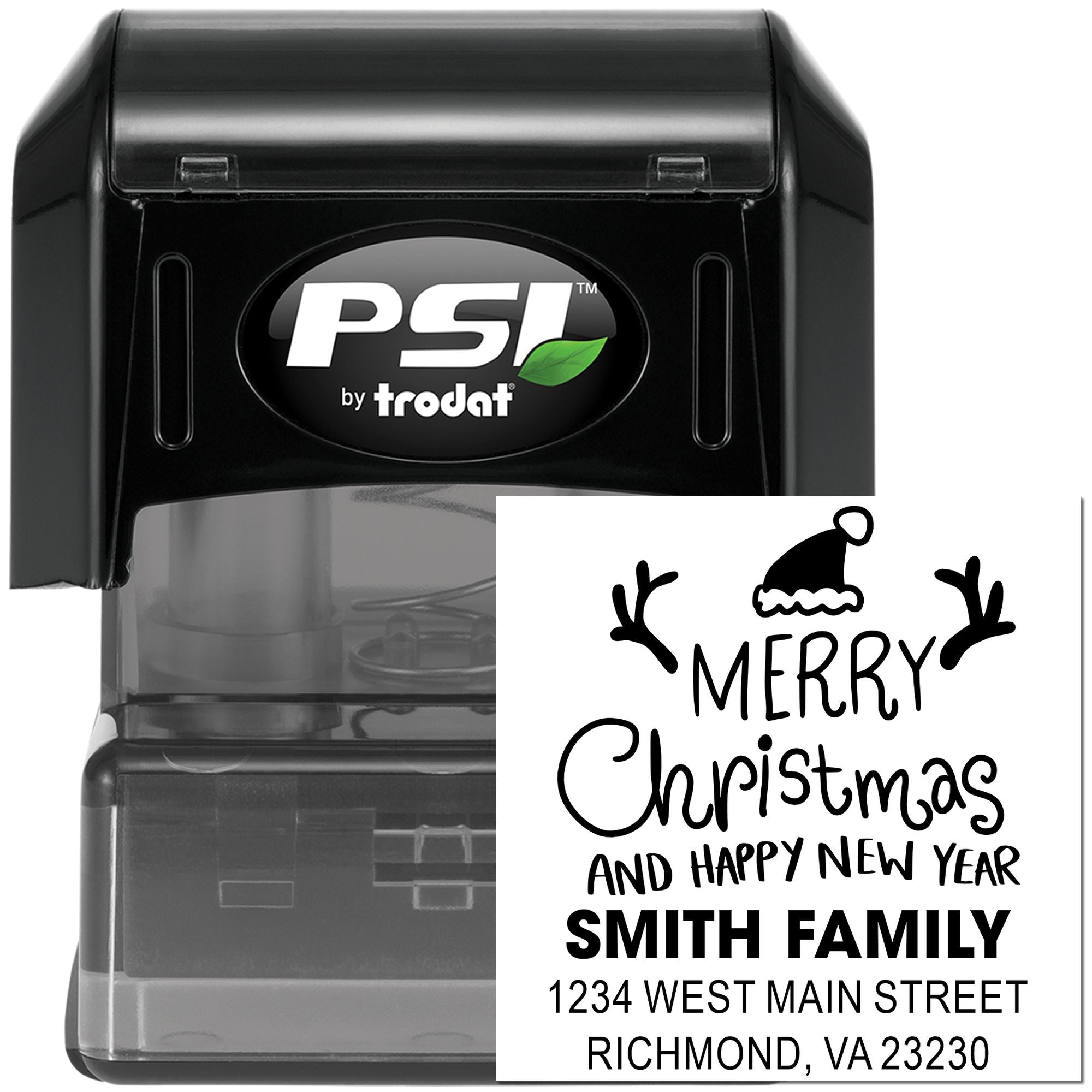 Custom PSI by Trodat self-inking holiday return address rubber stamp with Merry Christmas, Happy New Year and Smith family address.