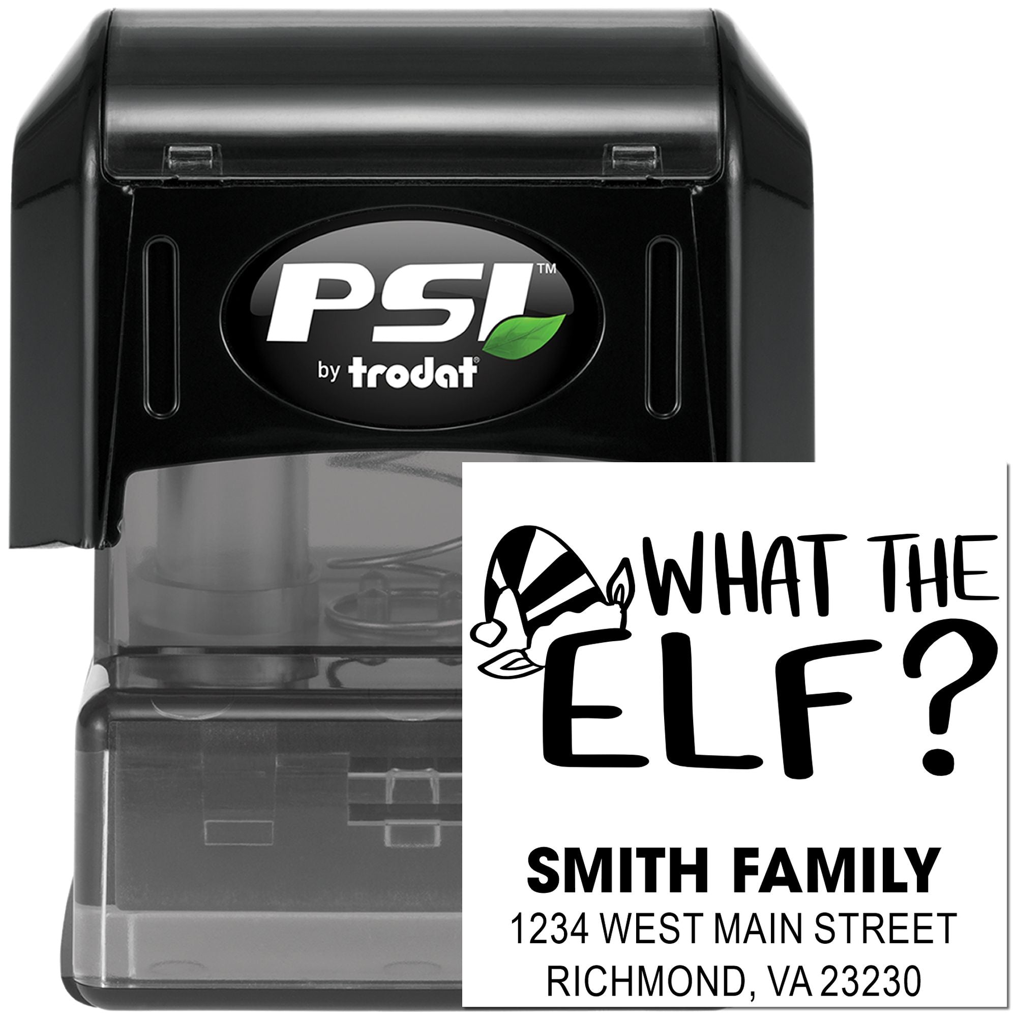 Custom self-inking rubber stamp for holiday mail, featuring What the Elf? and the Smith family address.