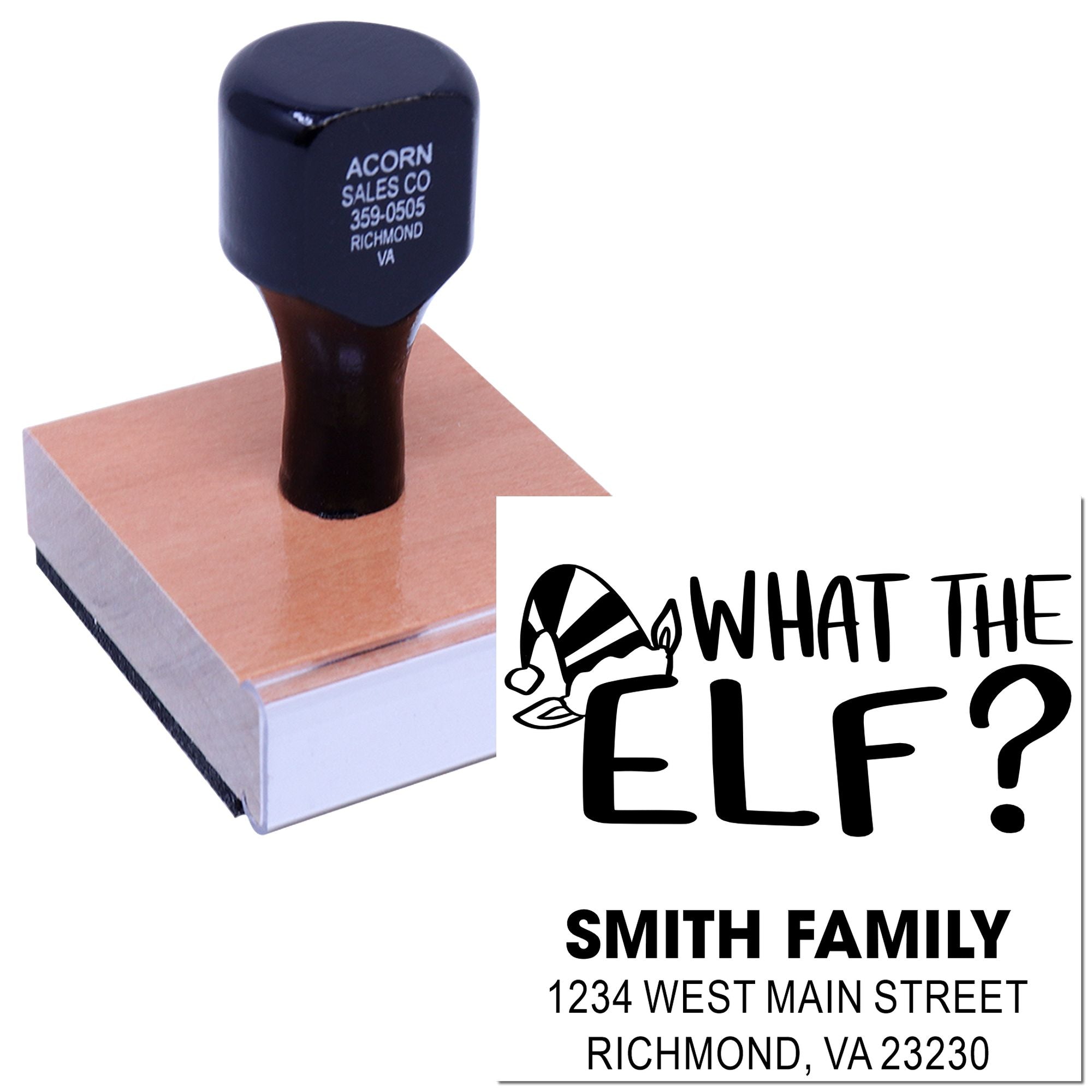 Personalized self-inking rubber address stamp featuring What the Elf? design for Smith Family holiday cards.