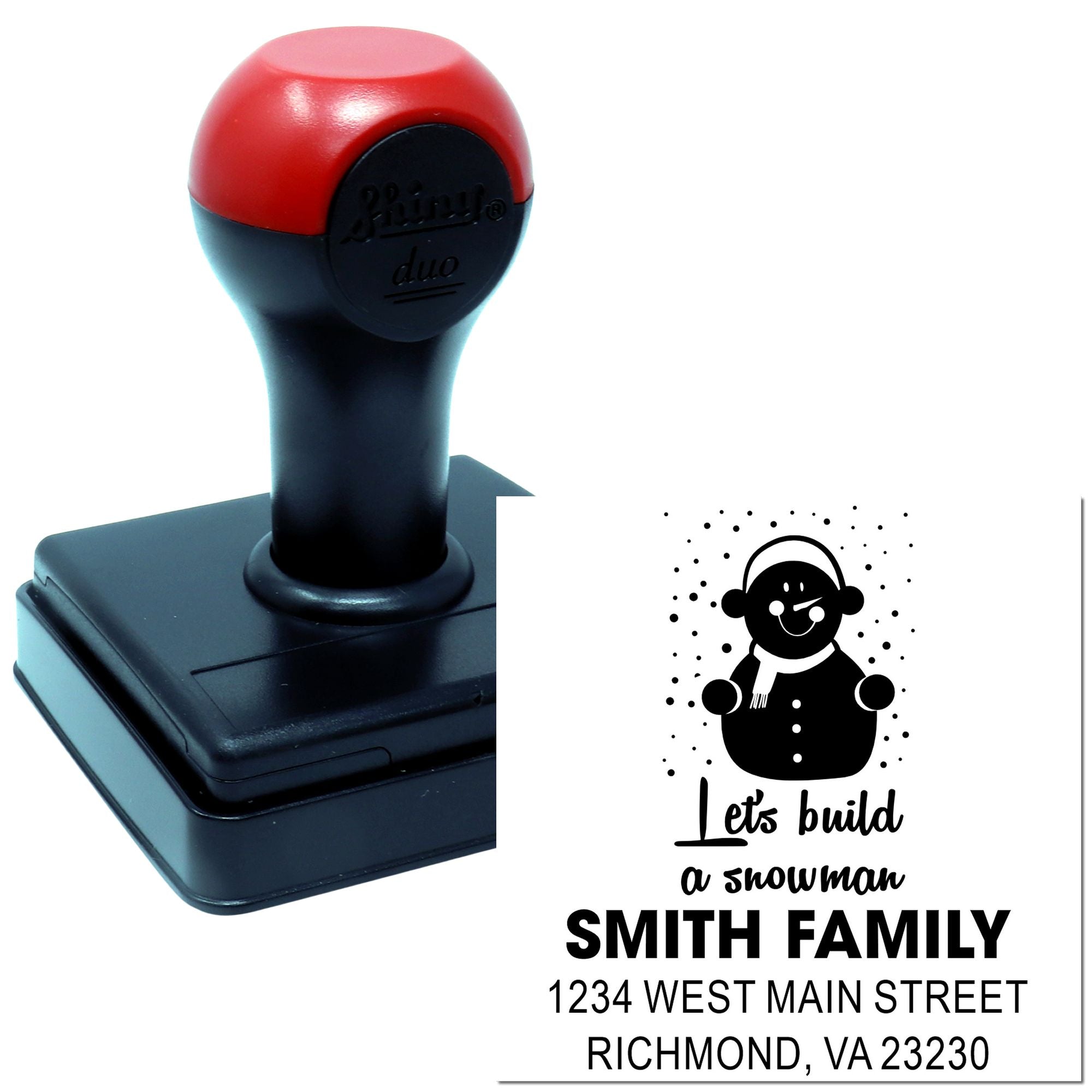 Custom self-inking rubber address stamp with snowman design for holiday cards, family mailing labels, and packaging