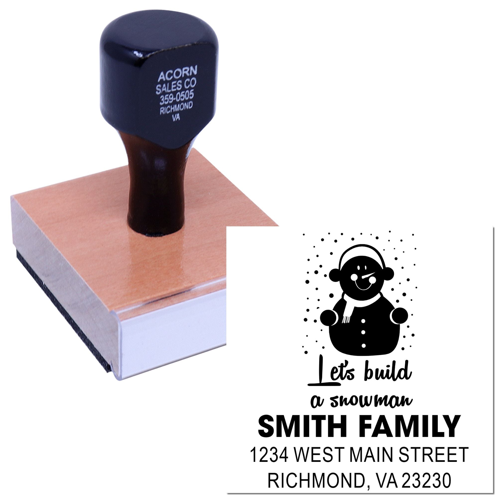 Custom rubber stamp for holiday return address labels with Lets build a snowman design, family name, and home address.