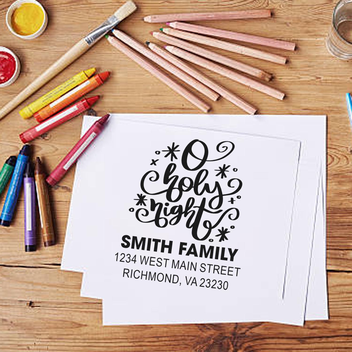 Custom address rubber stamp proof for holiday cards featuring O Holy Night design and Smith family return address.