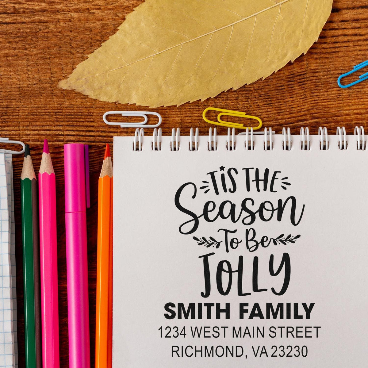 Custom holiday return address rubber stamp featuring Tis the Season to Be Jolly for the Smith family.