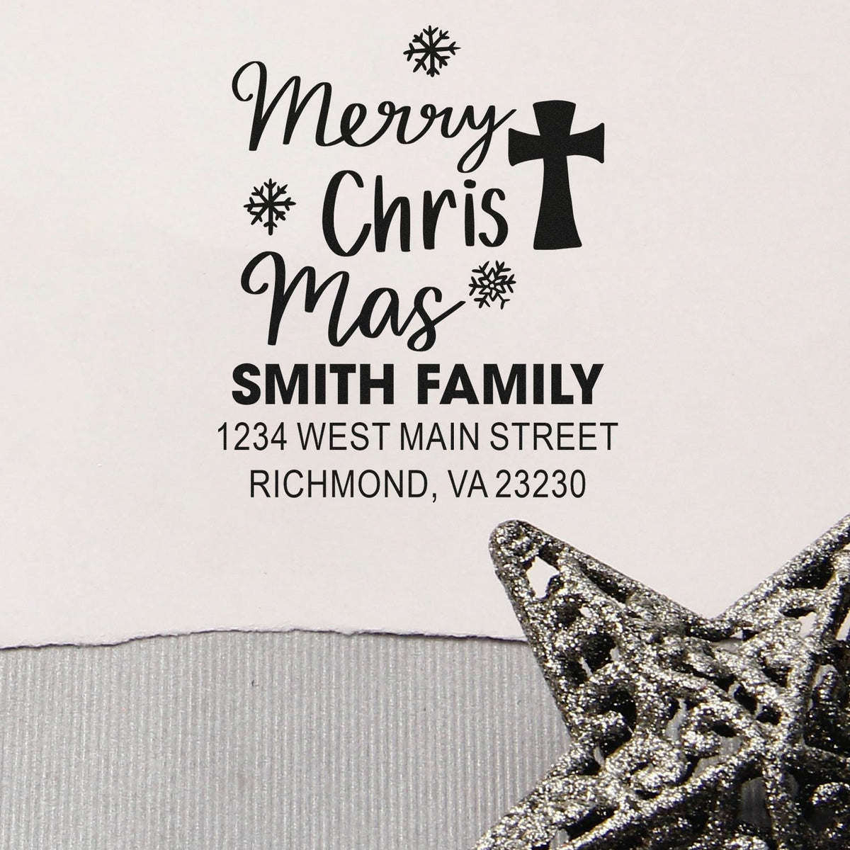 Custom Merry Christmas Smith family address rubber stamp with cross and snowflakes for holiday cards and envelopes.
