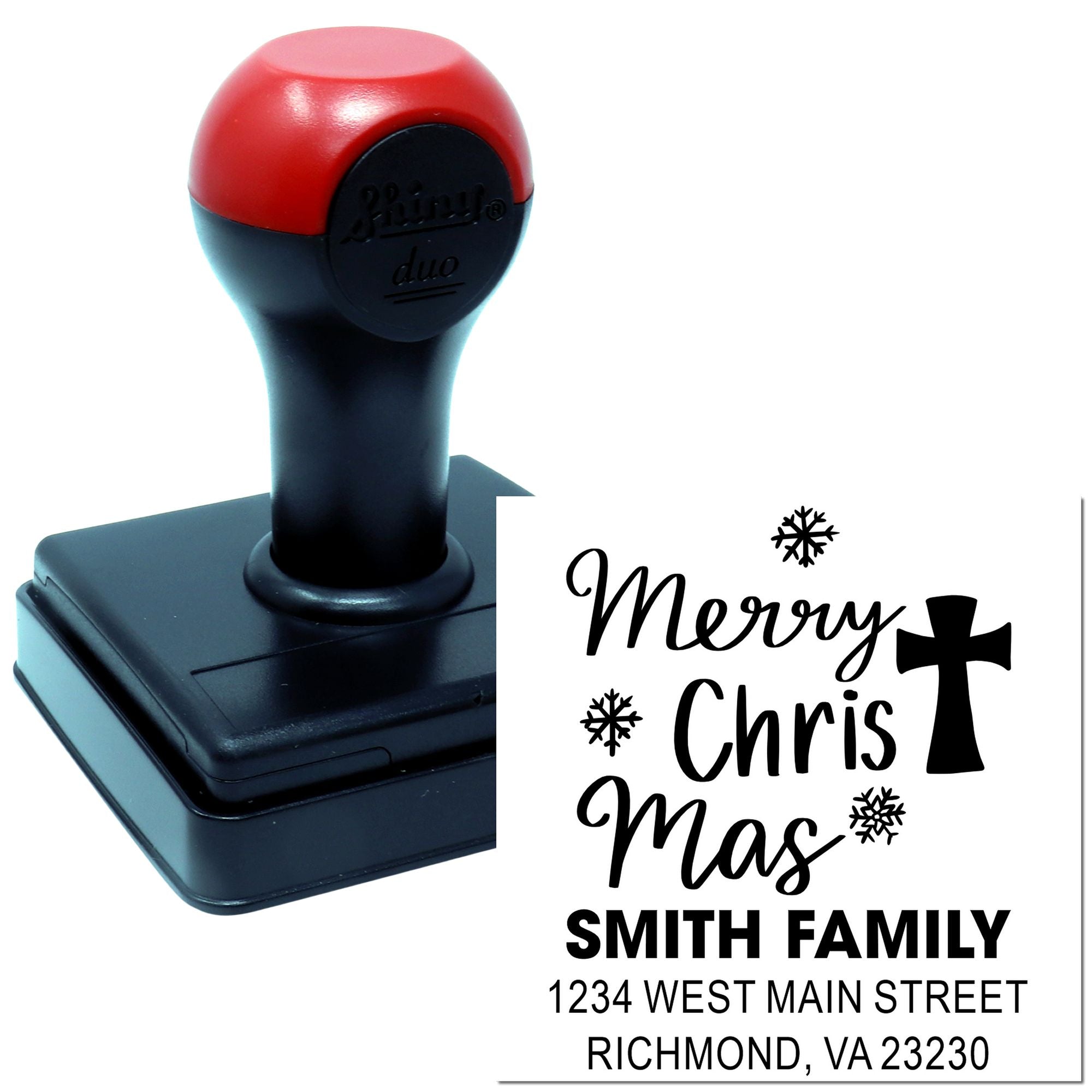 Custom self-inking rubber stamp with Merry Christmas return address design and sample imprint for family holiday mailings.